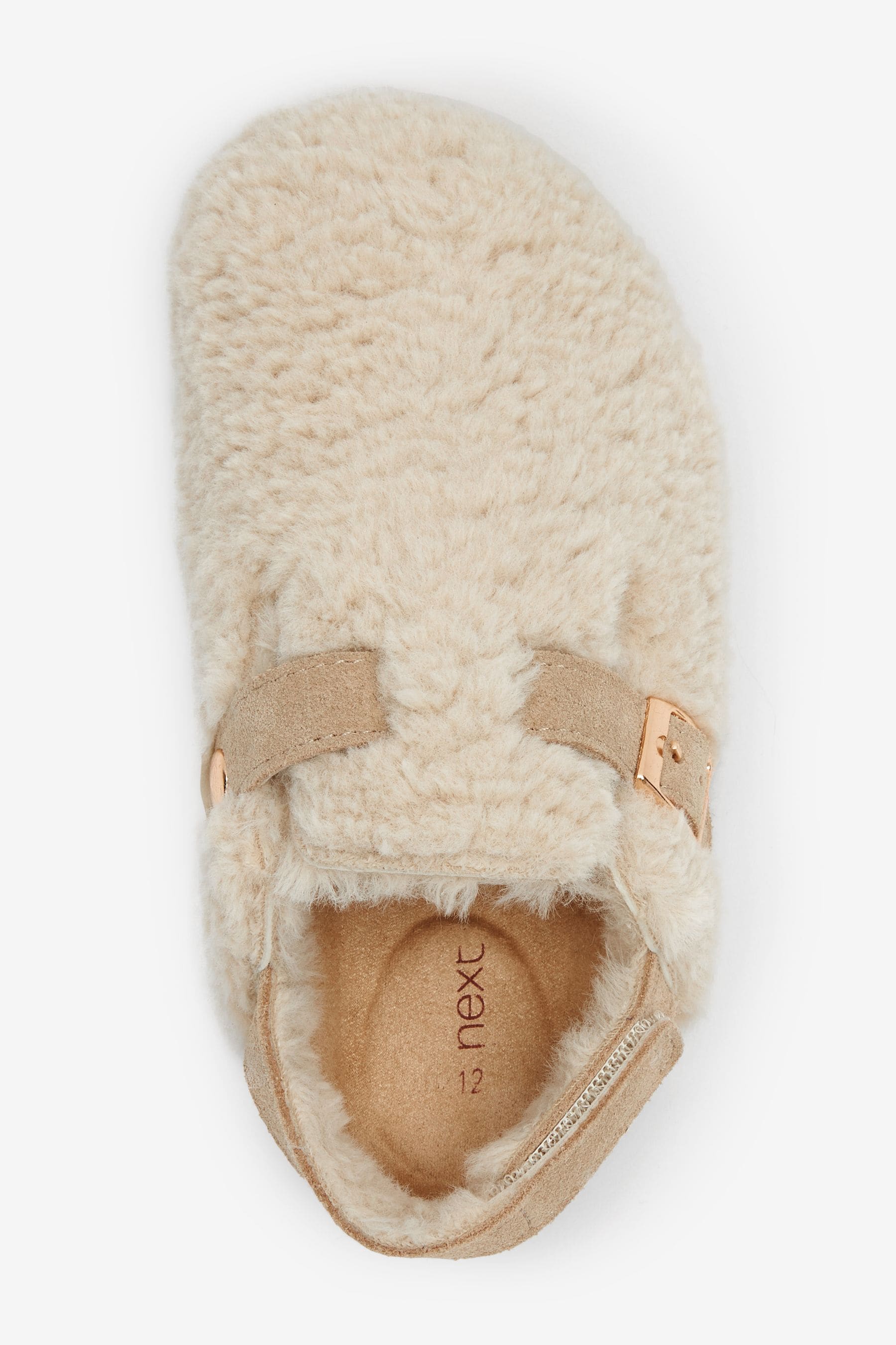 Ecru Cream Teddy Fleece Borg Leather Strap Mules