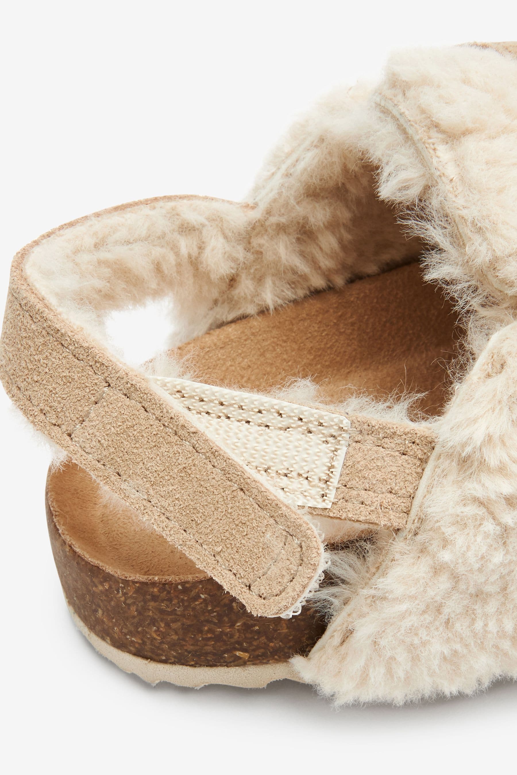 Ecru Cream Teddy Fleece Borg Leather Strap Mules