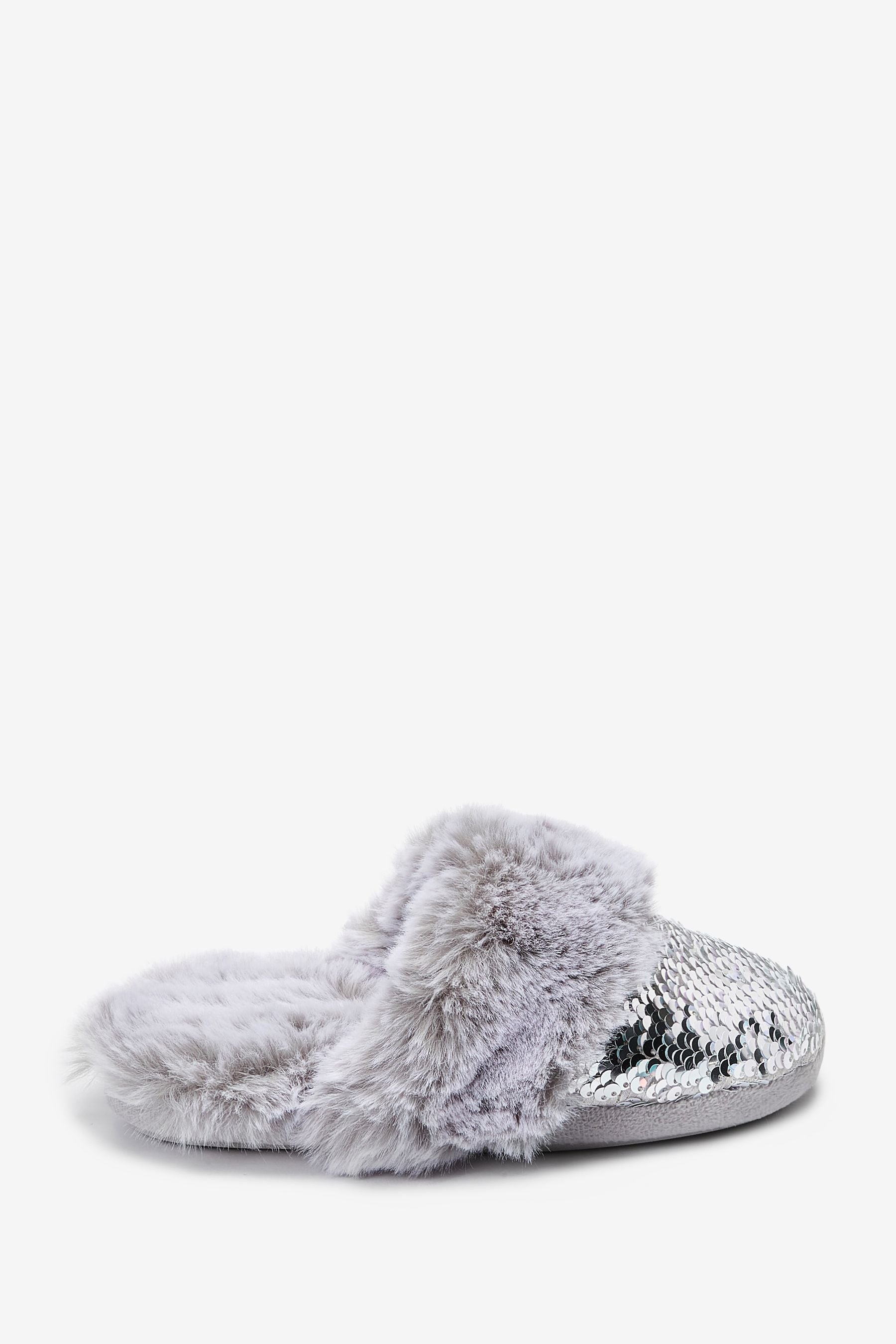 Silver Sequin Faux Fur Mule Slippers