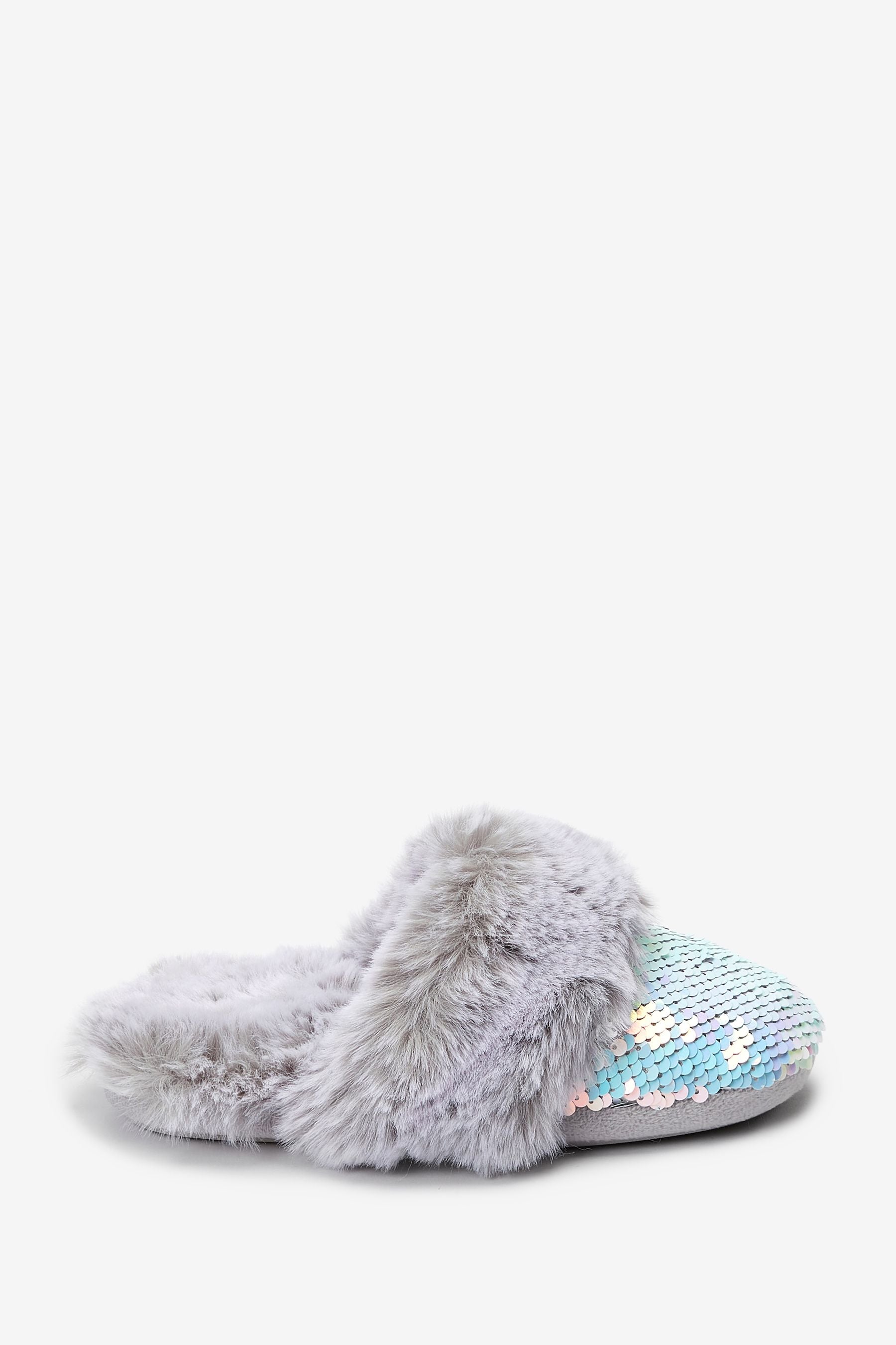 Silver Sequin Faux Fur Mule Slippers