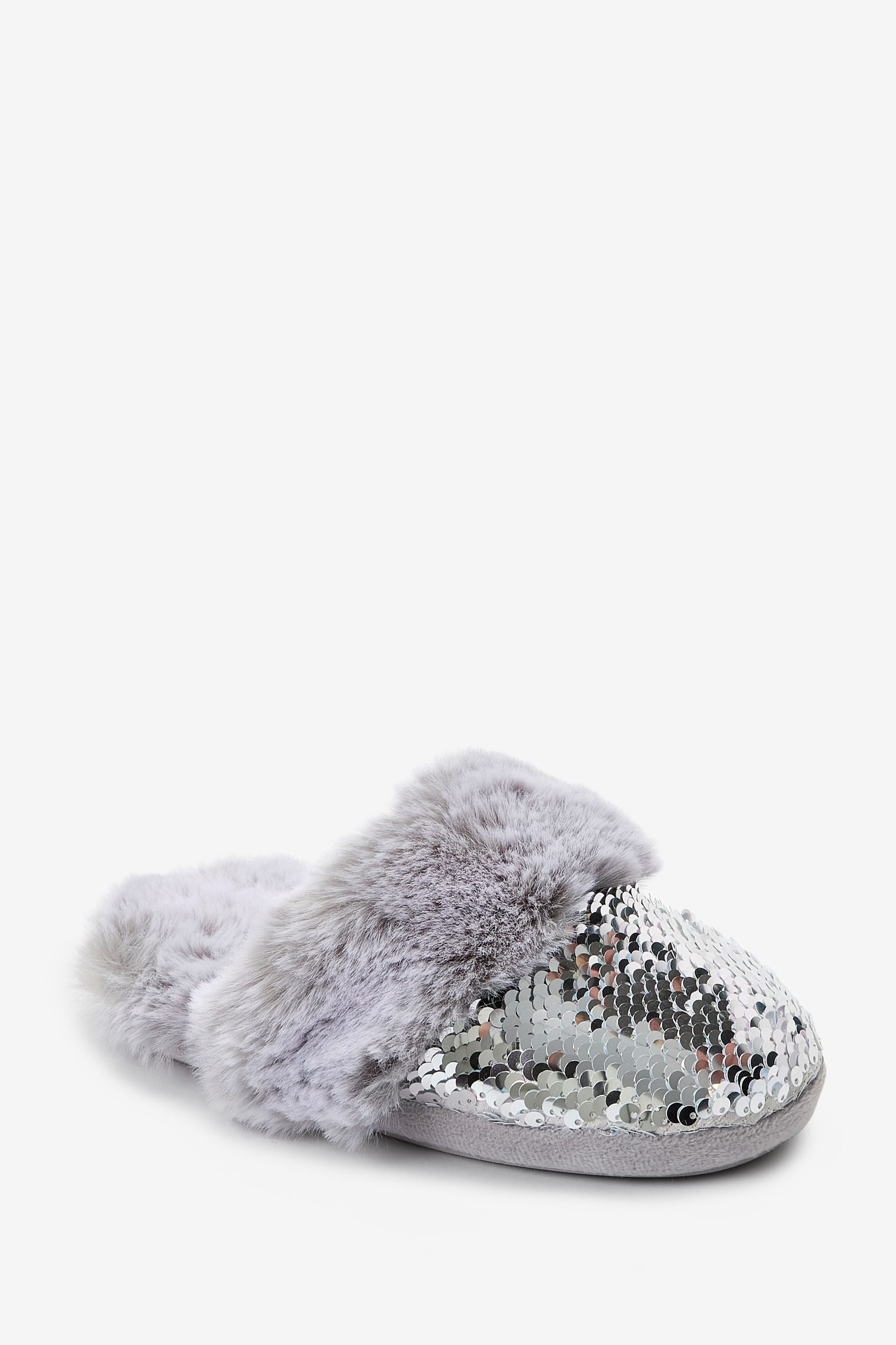 Silver Sequin Faux Fur Mule Slippers