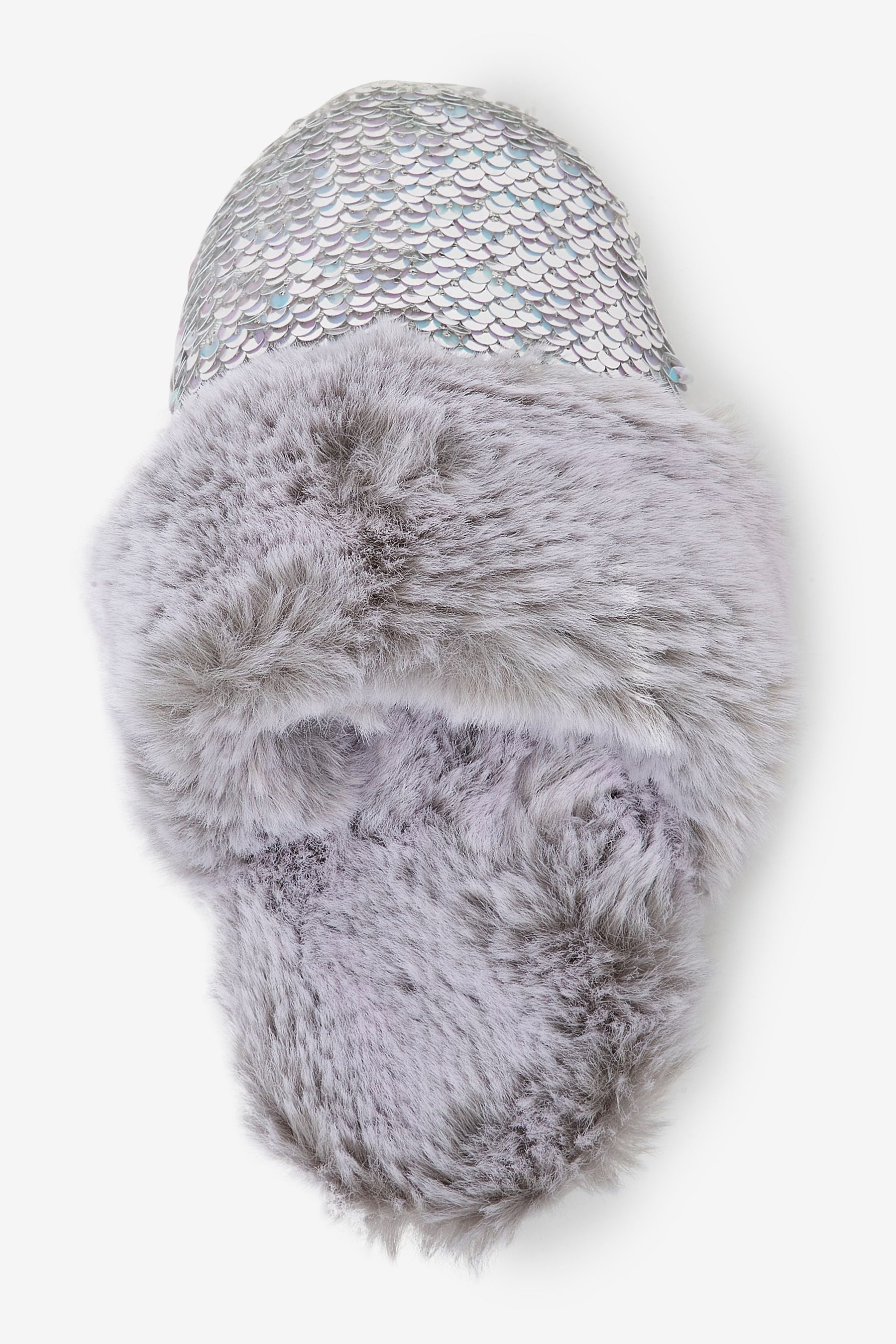 Silver Sequin Faux Fur Mule Slippers