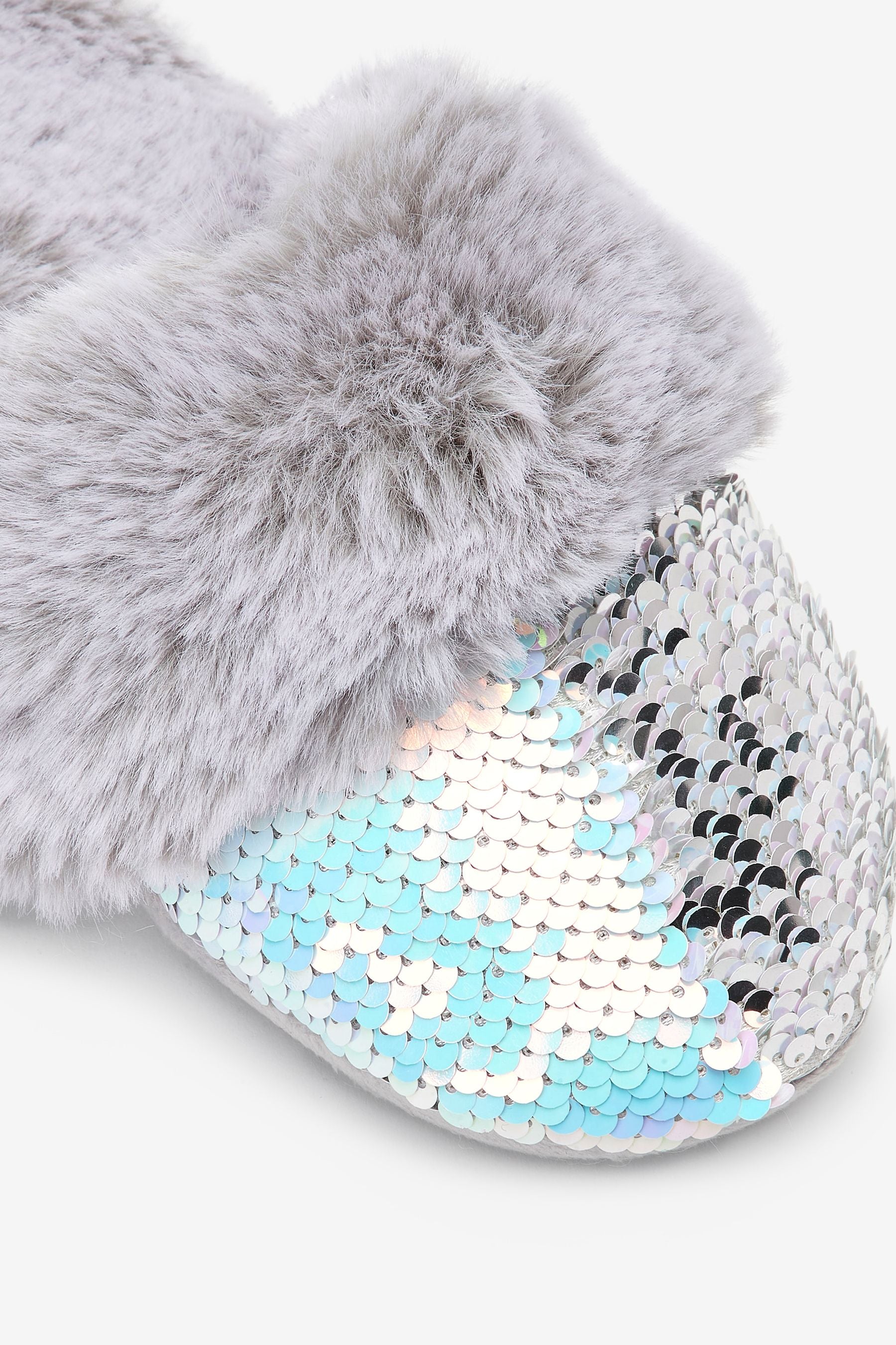 Silver Sequin Faux Fur Mule Slippers