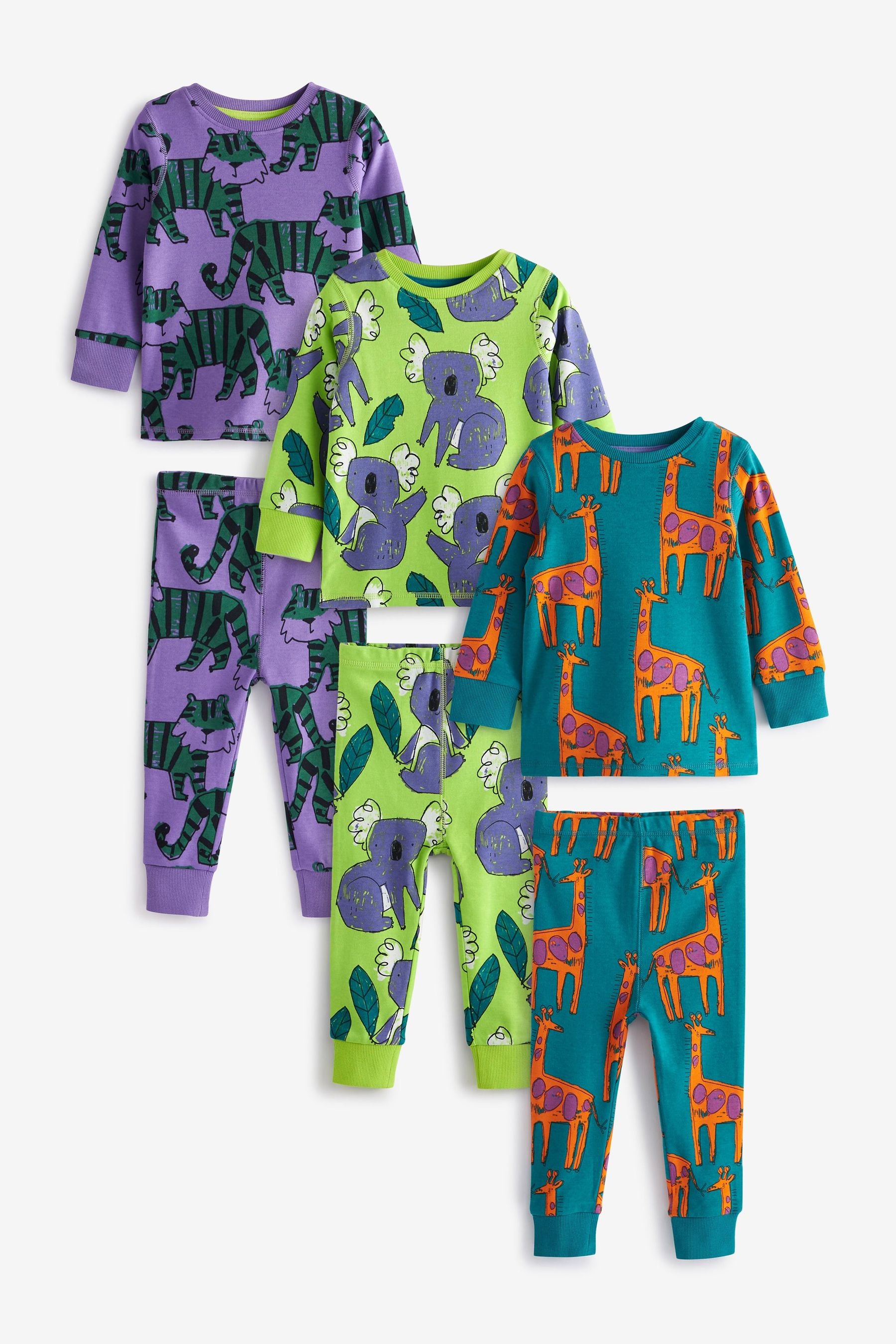 Green/Purple/Teal Green Wild Animals Snuggle Pyjamas 3 Pack (9mths-12yrs)