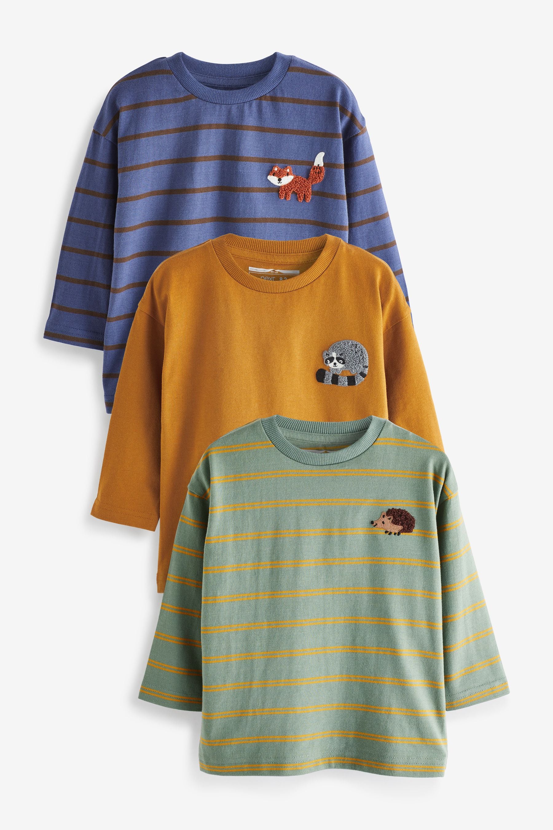 Blue/Green Stripe Woodland Animals 3 Pack Long Sleeve Character T-Shirts (3mths-7yrs)