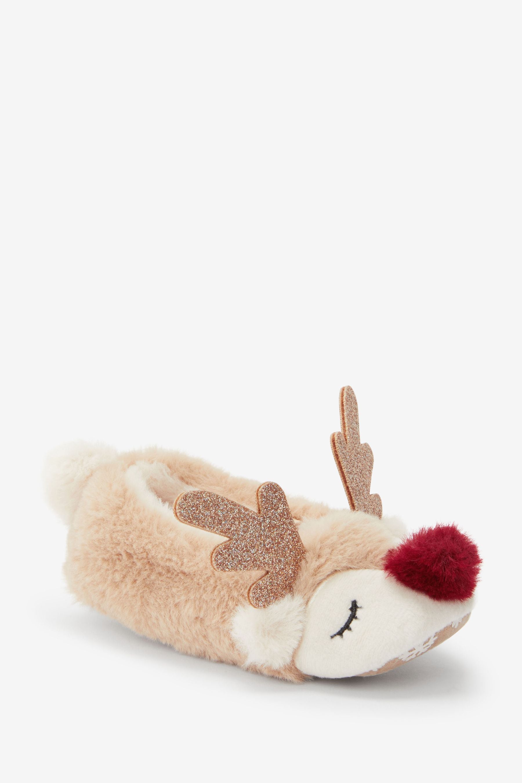 Tan Brown Reindeer Mary Jane Slippers