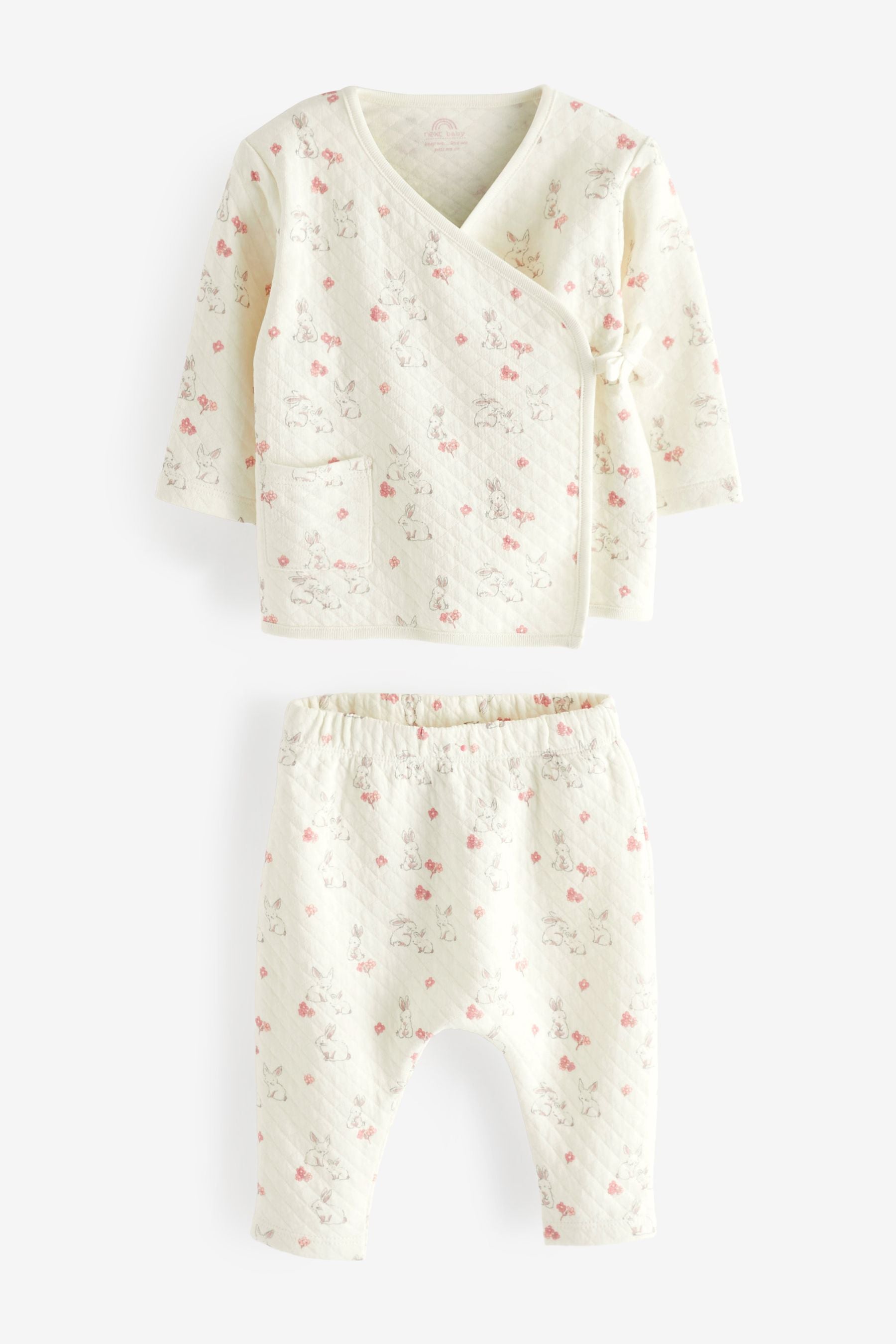 White Bunny 2 Piece Baby Quilted Wrap Top And Joggers Set