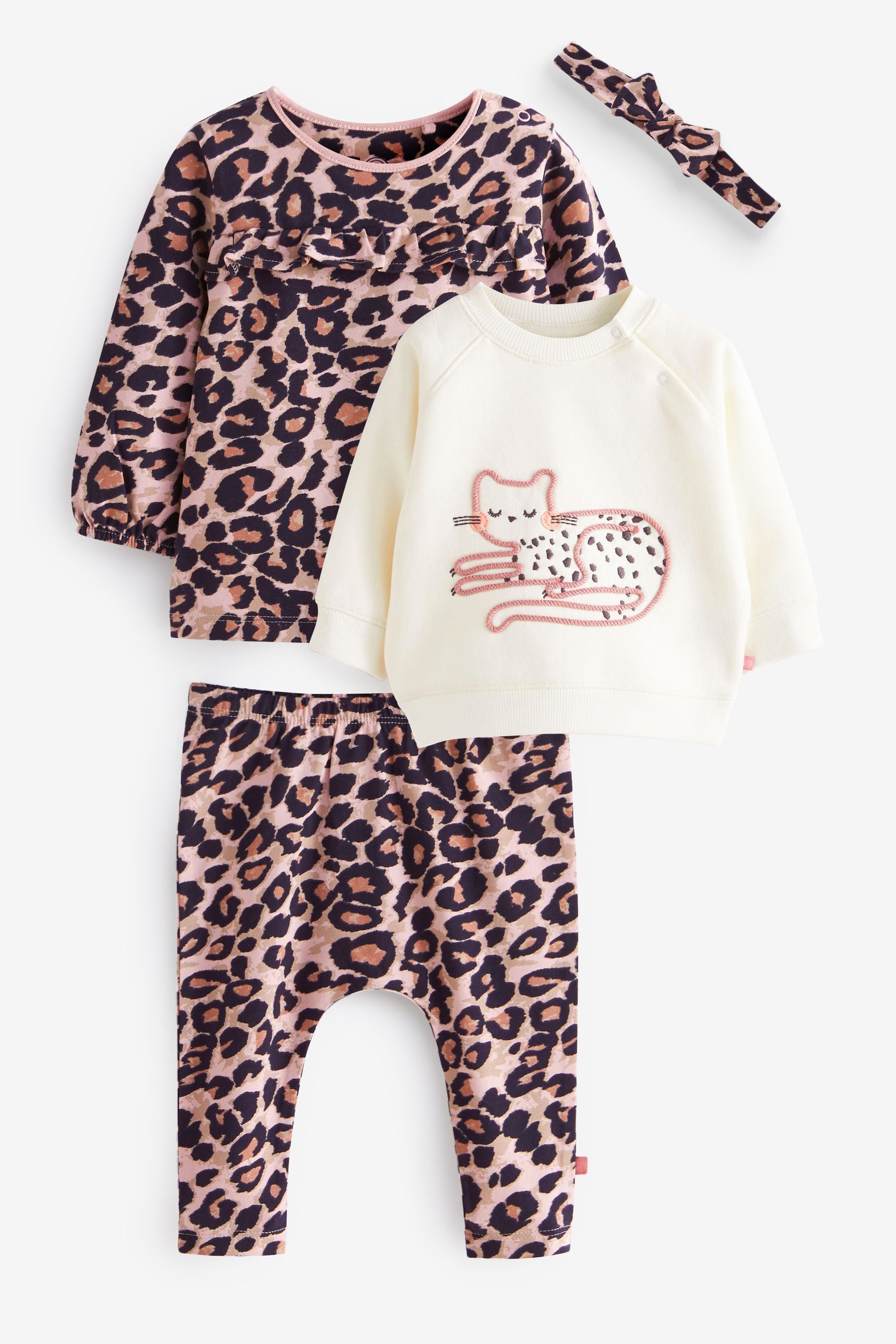 Animal Print 4 Piece Baby Sweater, Top, Leggings And Headband Set