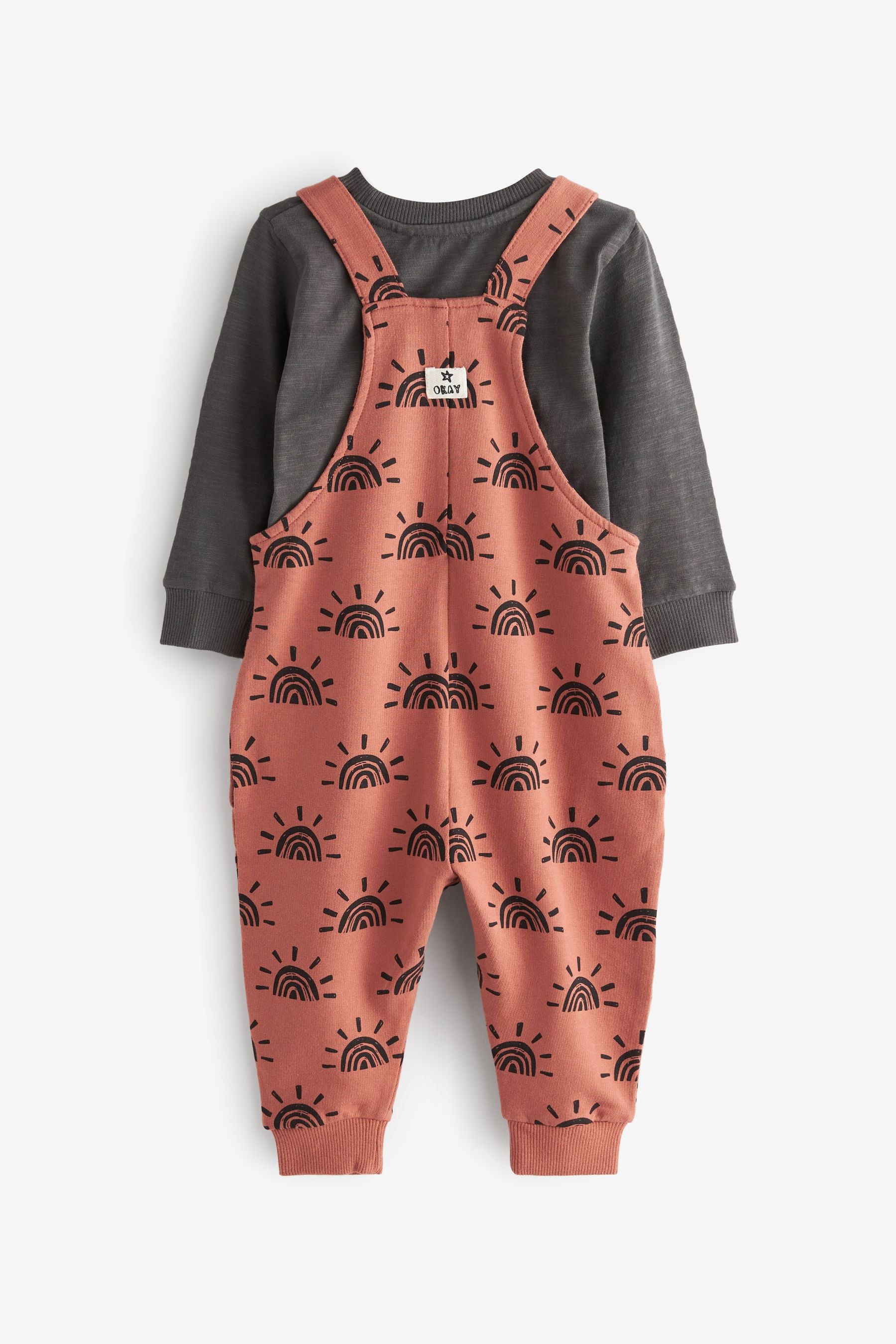 Rust Brown Sunshine All Over Printed Dungaree And Long Sleeve T-Shirt Set (3mths-7yrs)