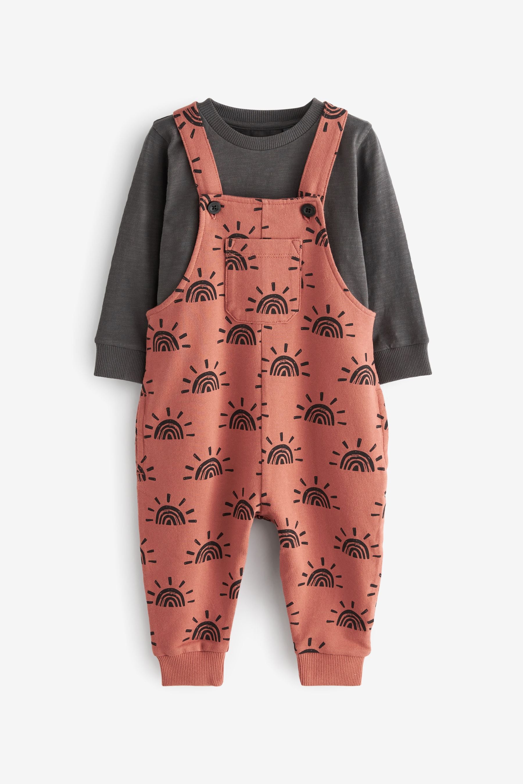 Rust Brown Sunshine All Over Printed Dungaree And Long Sleeve T-Shirt Set (3mths-7yrs)