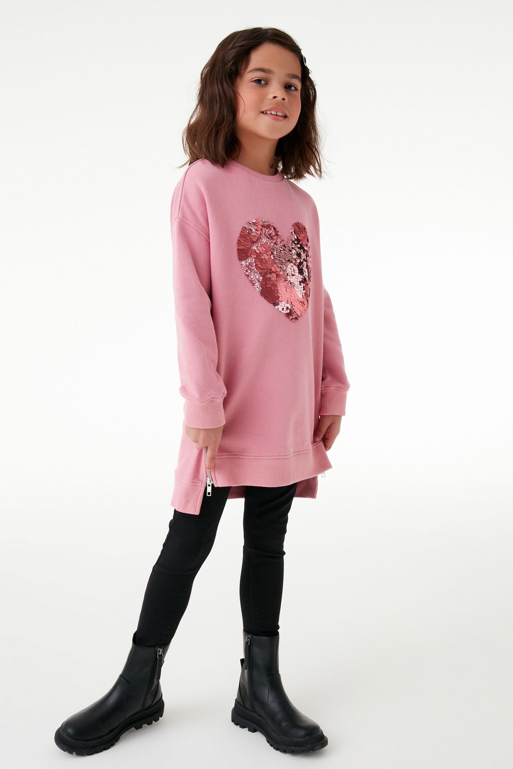 Pink Sequin Heart Jumper Dress (3-16yrs)