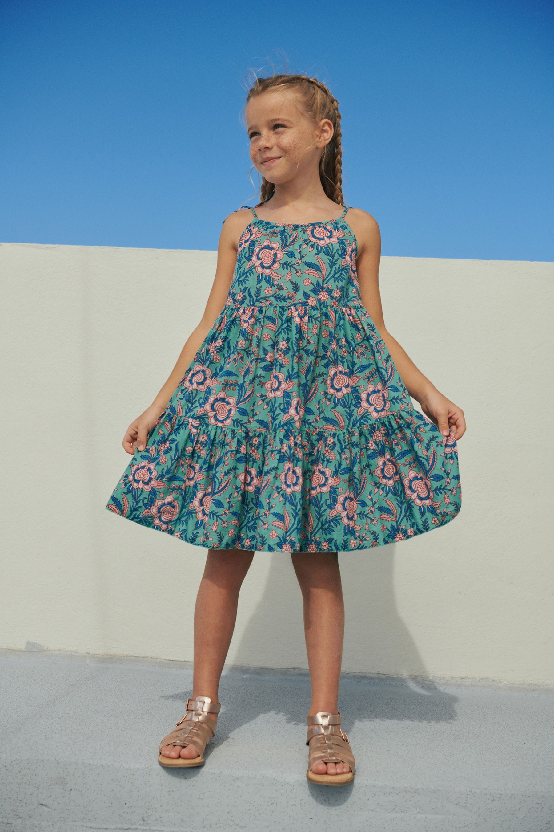 Green/Pink Floral Tiered Strappy Dress (3-16yrs)