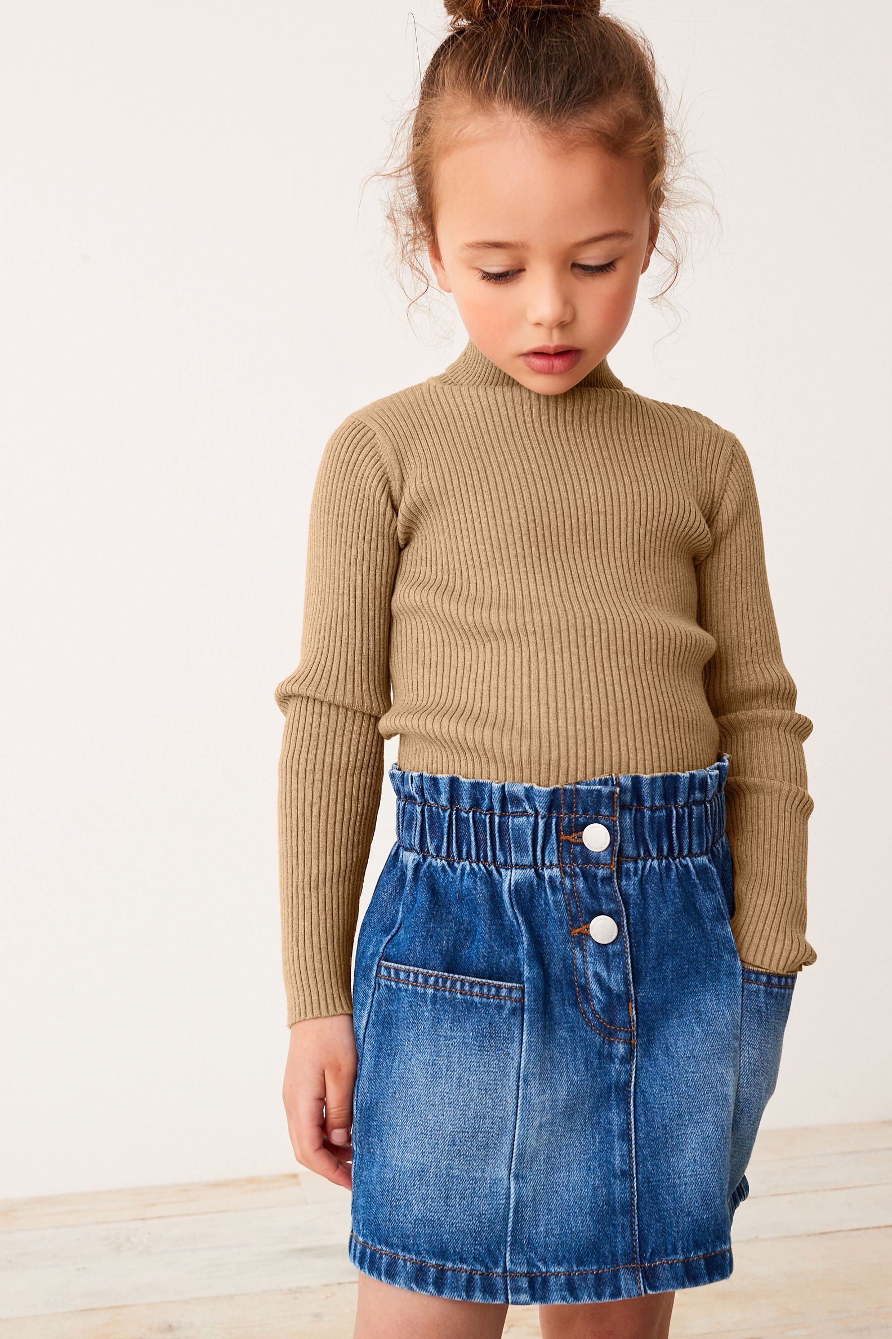 Mid Blue Denim Paperbag Waist Skirt (3-16yrs)