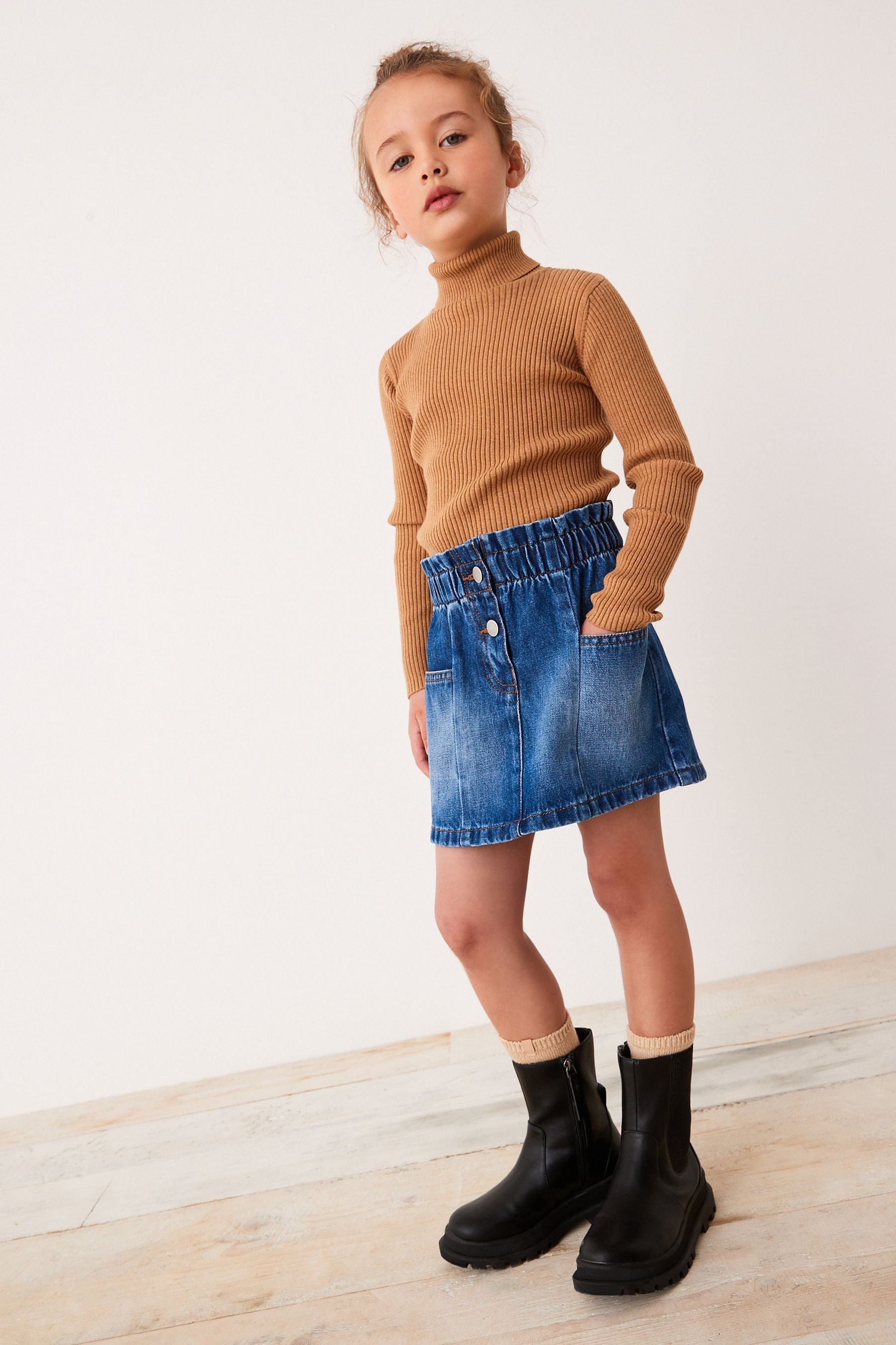 Mid Blue Denim Paperbag Waist Skirt (3-16yrs)