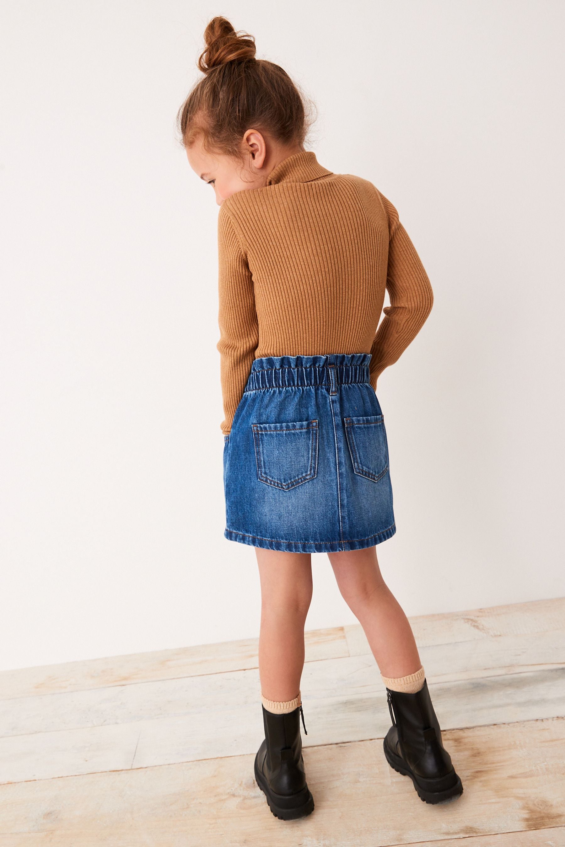 Mid Blue Denim Paperbag Waist Skirt (3-16yrs)