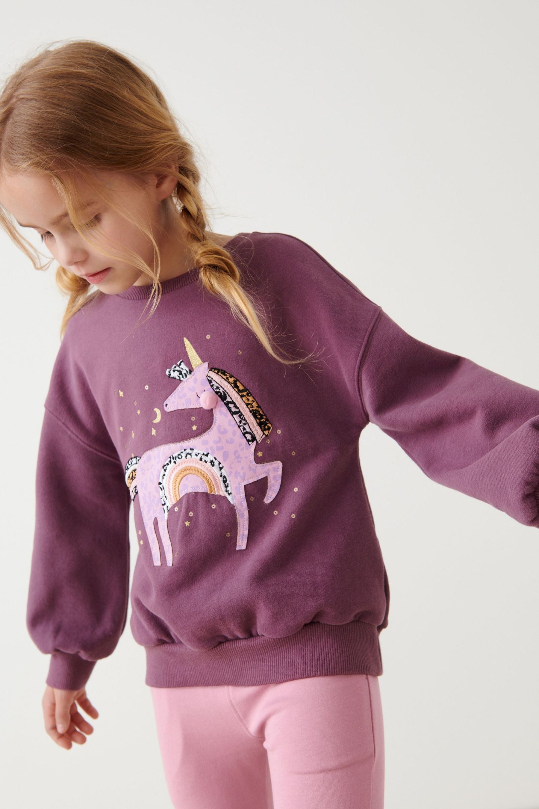 Purple Sparkle Unicorn Rainbow Crew Sweatshirt Top (3-16yrs)