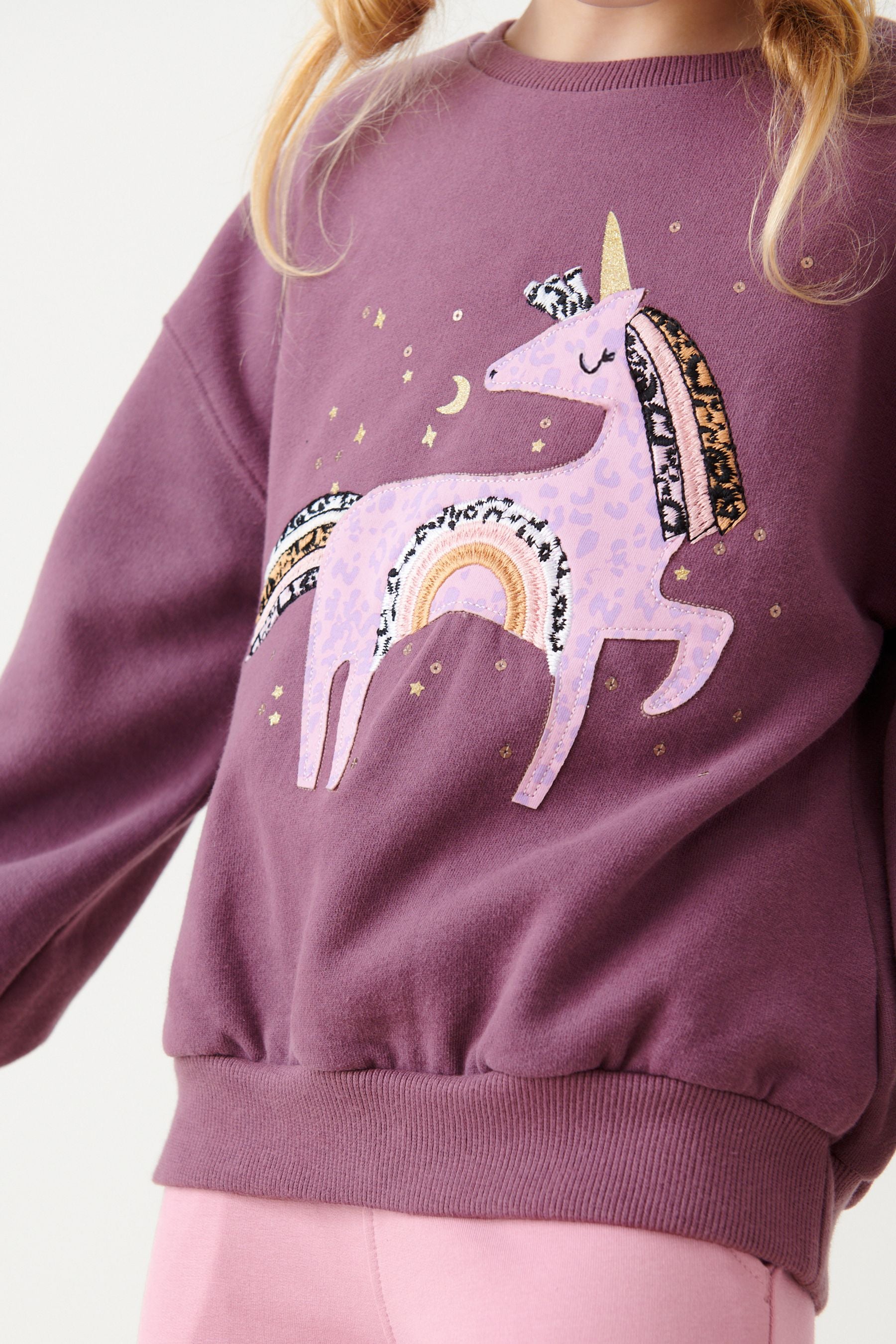 Purple Sparkle Unicorn Rainbow Crew Sweatshirt Top (3-16yrs)