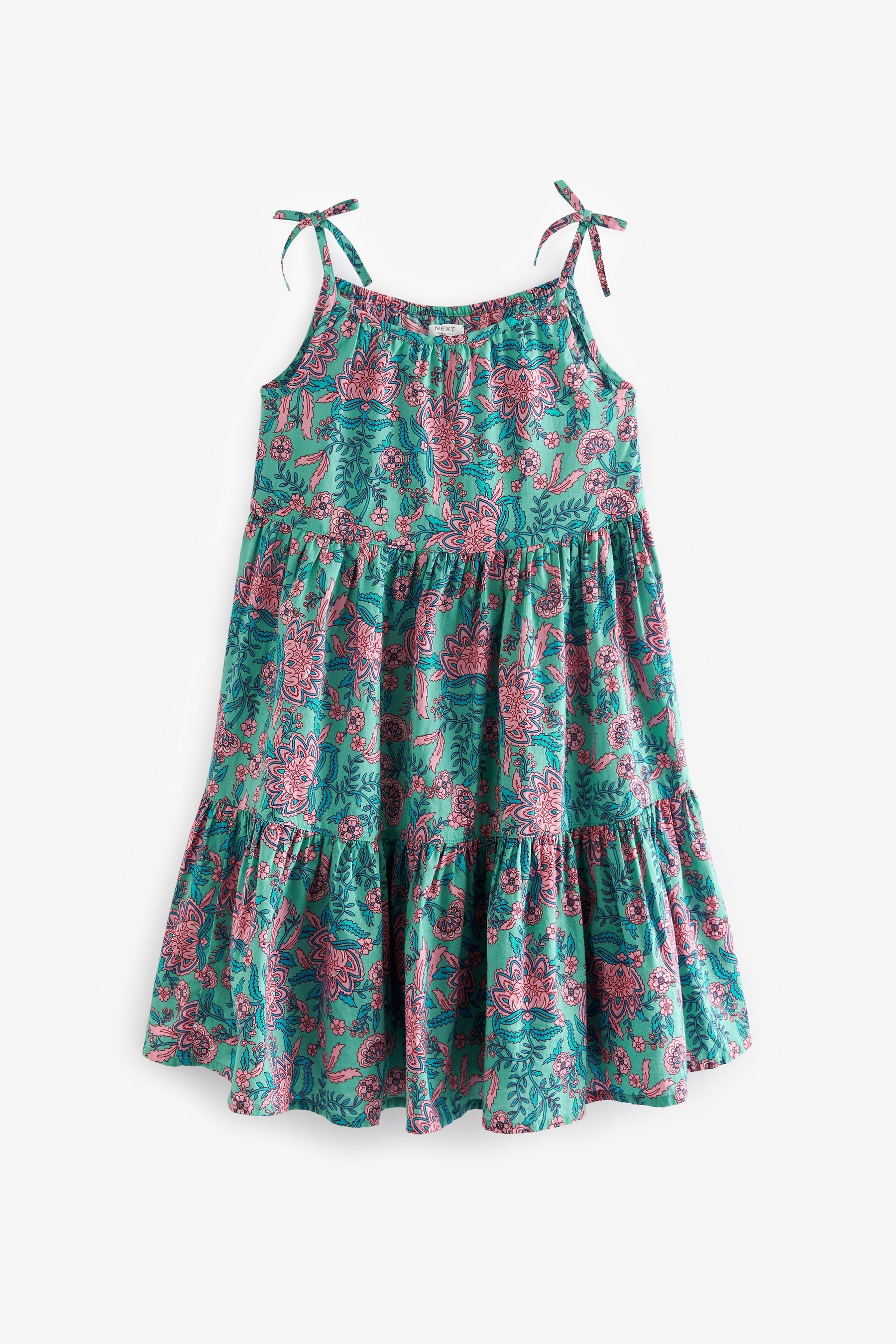 Green/Pink Floral Tiered Strappy Dress (3-16yrs)