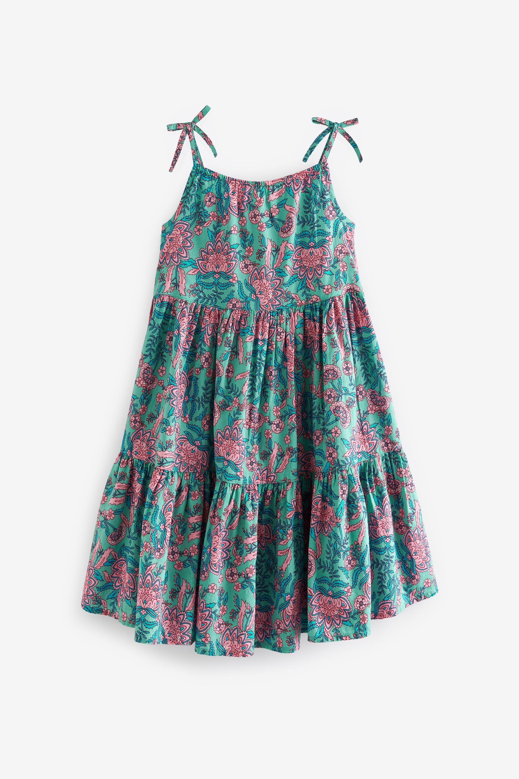 Green/Pink Floral Tiered Strappy Dress (3-16yrs)