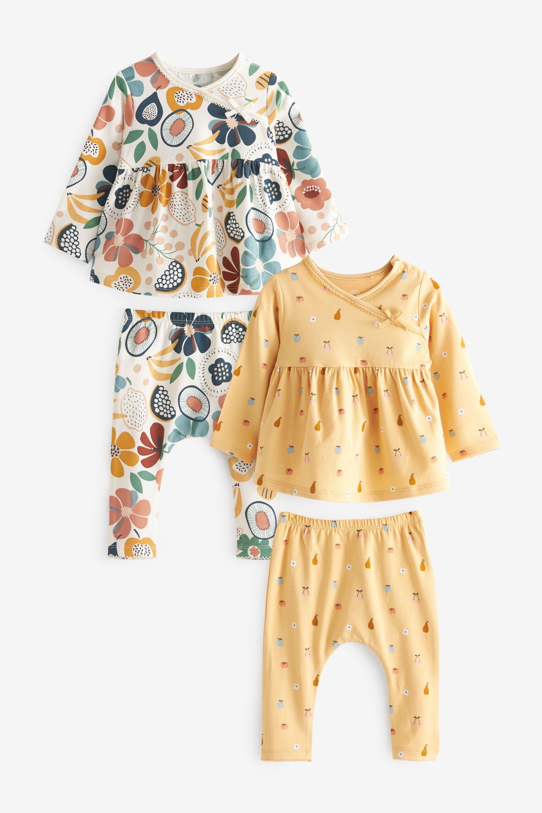 Ochre Yellow Floral 4 Piece Baby Wrap Tops And Leggings Set