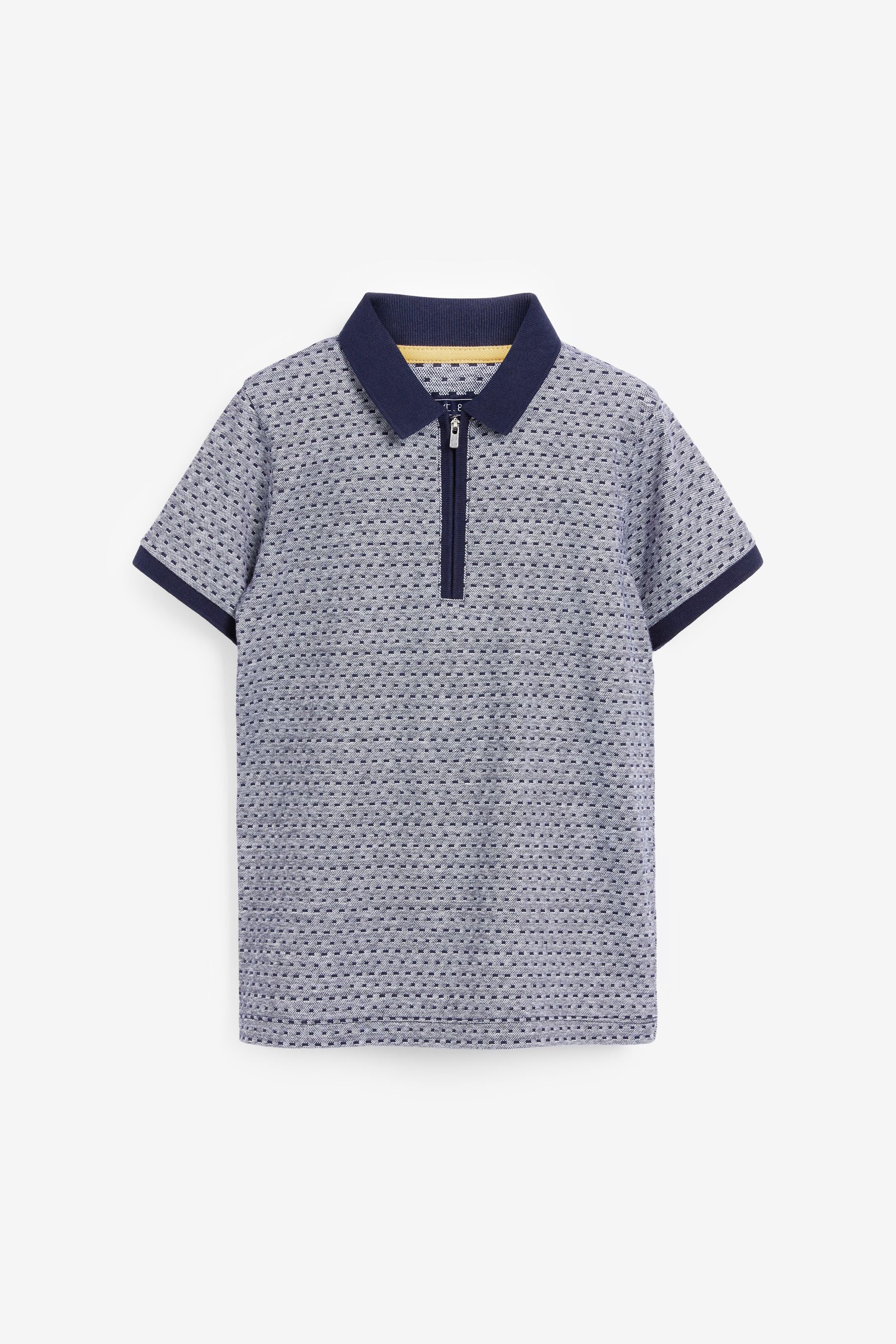 Navy Blue Textured Jacquard Short Sleeve Zip Neck Polo Shirt (3-16yrs)