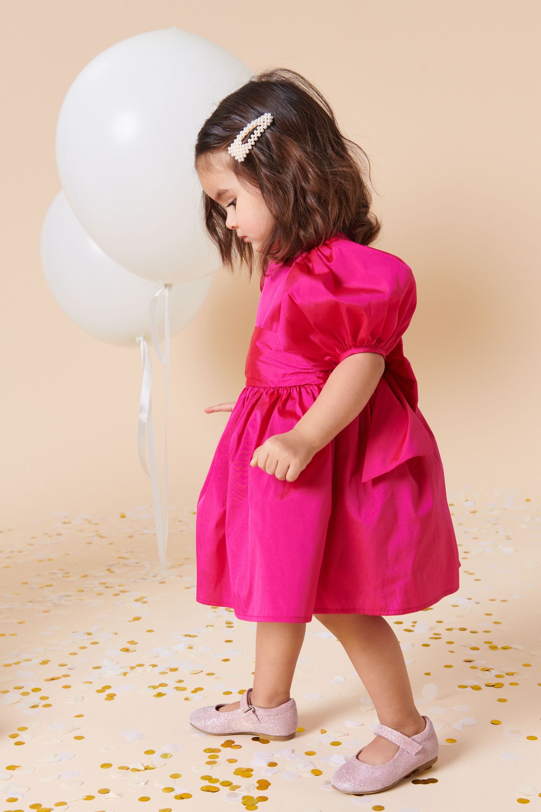 Fuchsia Pink Taffeta Flower Girl Bow Dress (3mths-8yrs)