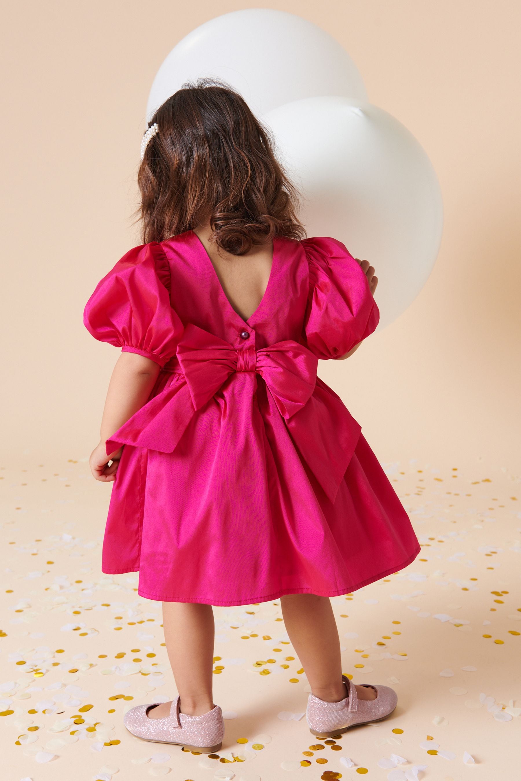 Fuchsia Pink Taffeta Flower Girl Bow Dress (3mths-8yrs)