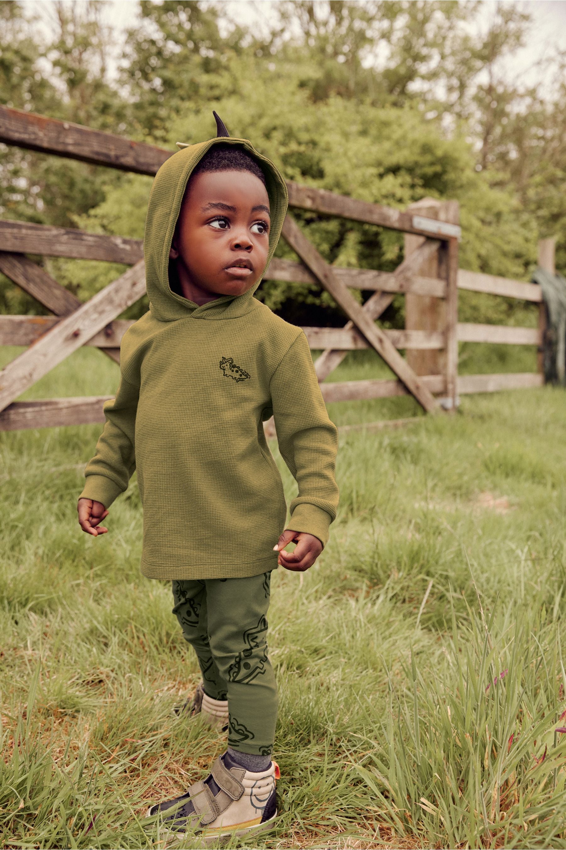 Khaki Green Dino Spikes Textured Hoodie And Leggings Set (3mths-7yrs)