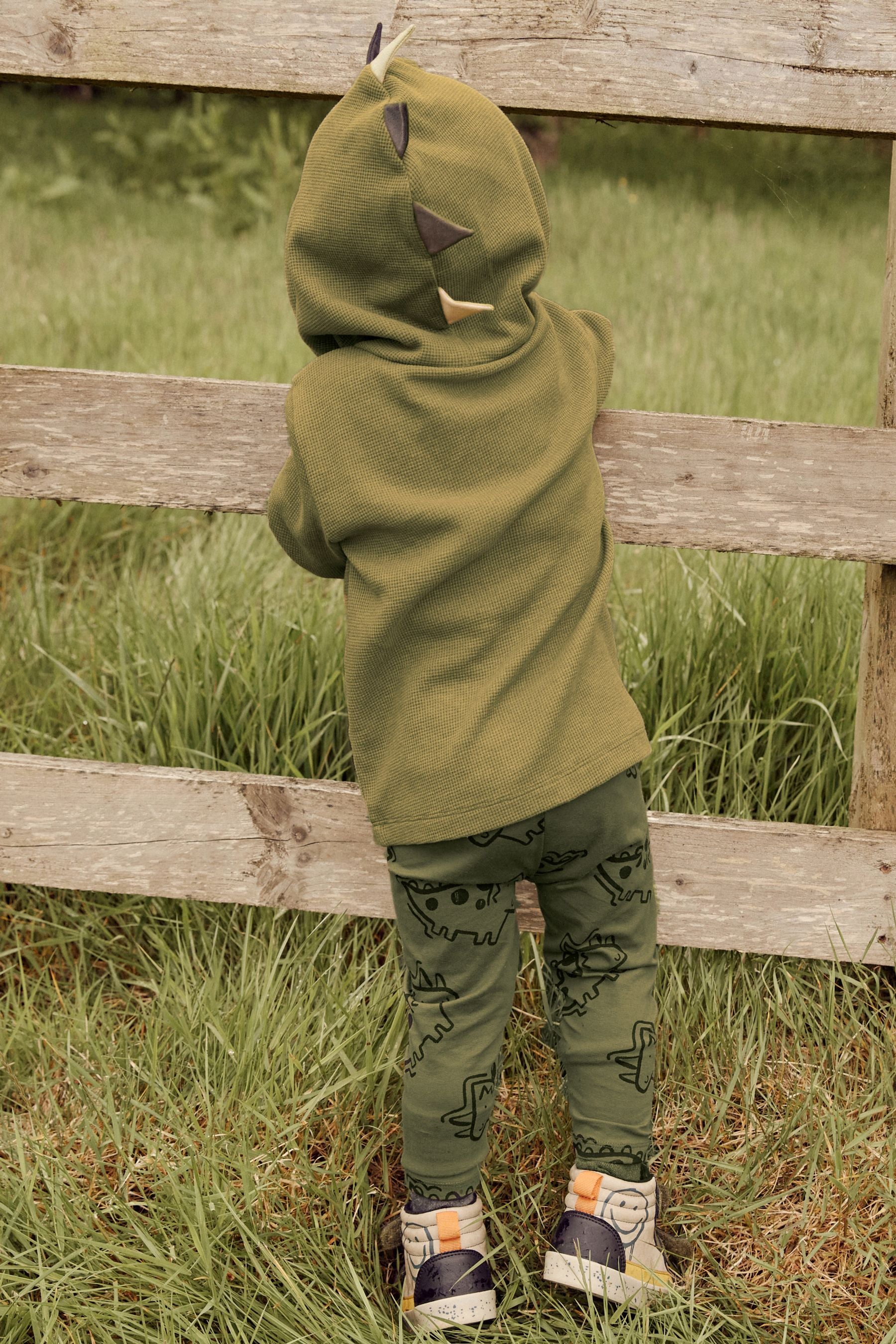 Khaki Green Dino Spikes Textured Hoodie And Leggings Set (3mths-7yrs)