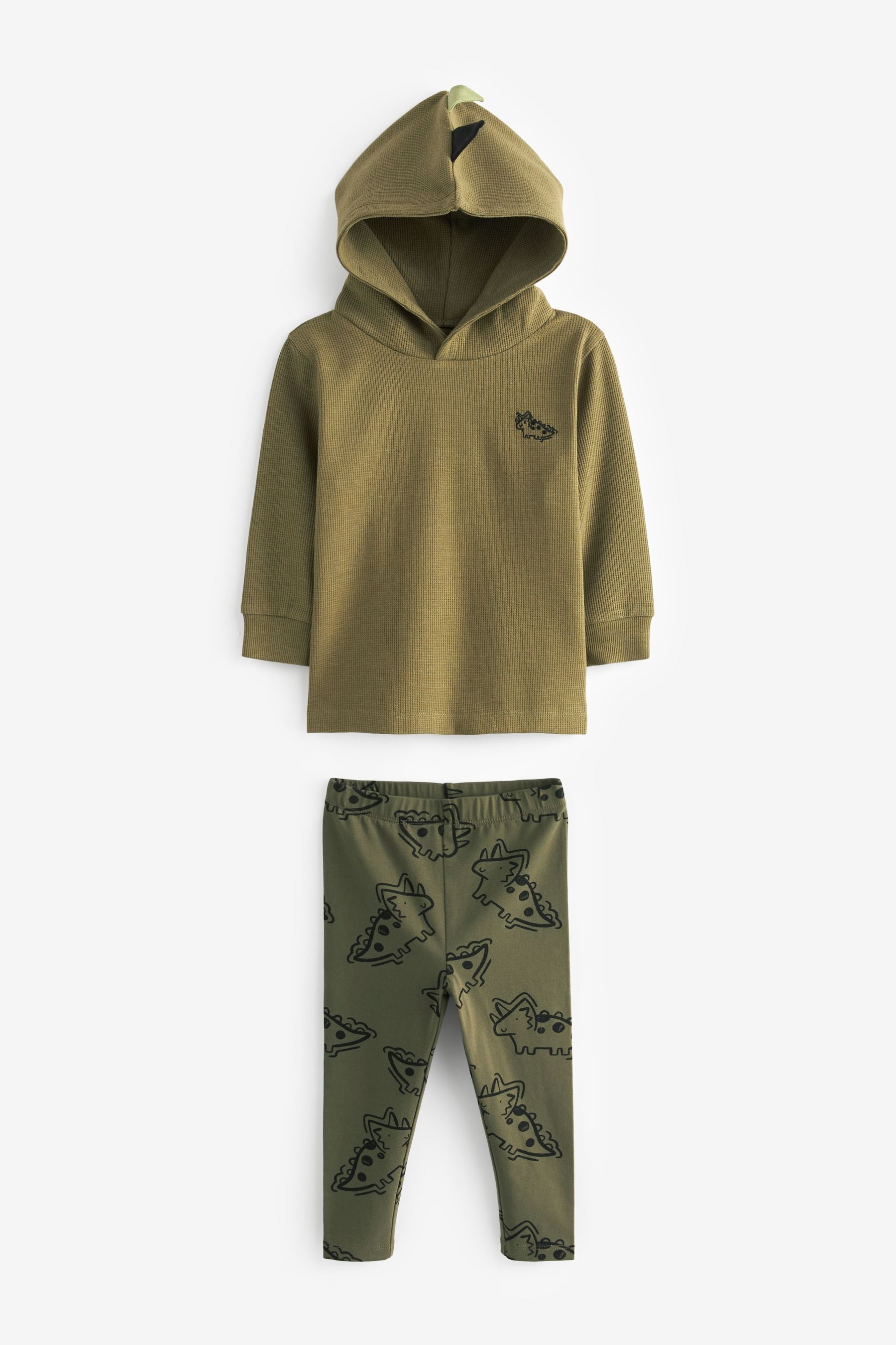 Khaki Green Dino Spikes Textured Hoodie And Leggings Set (3mths-7yrs)