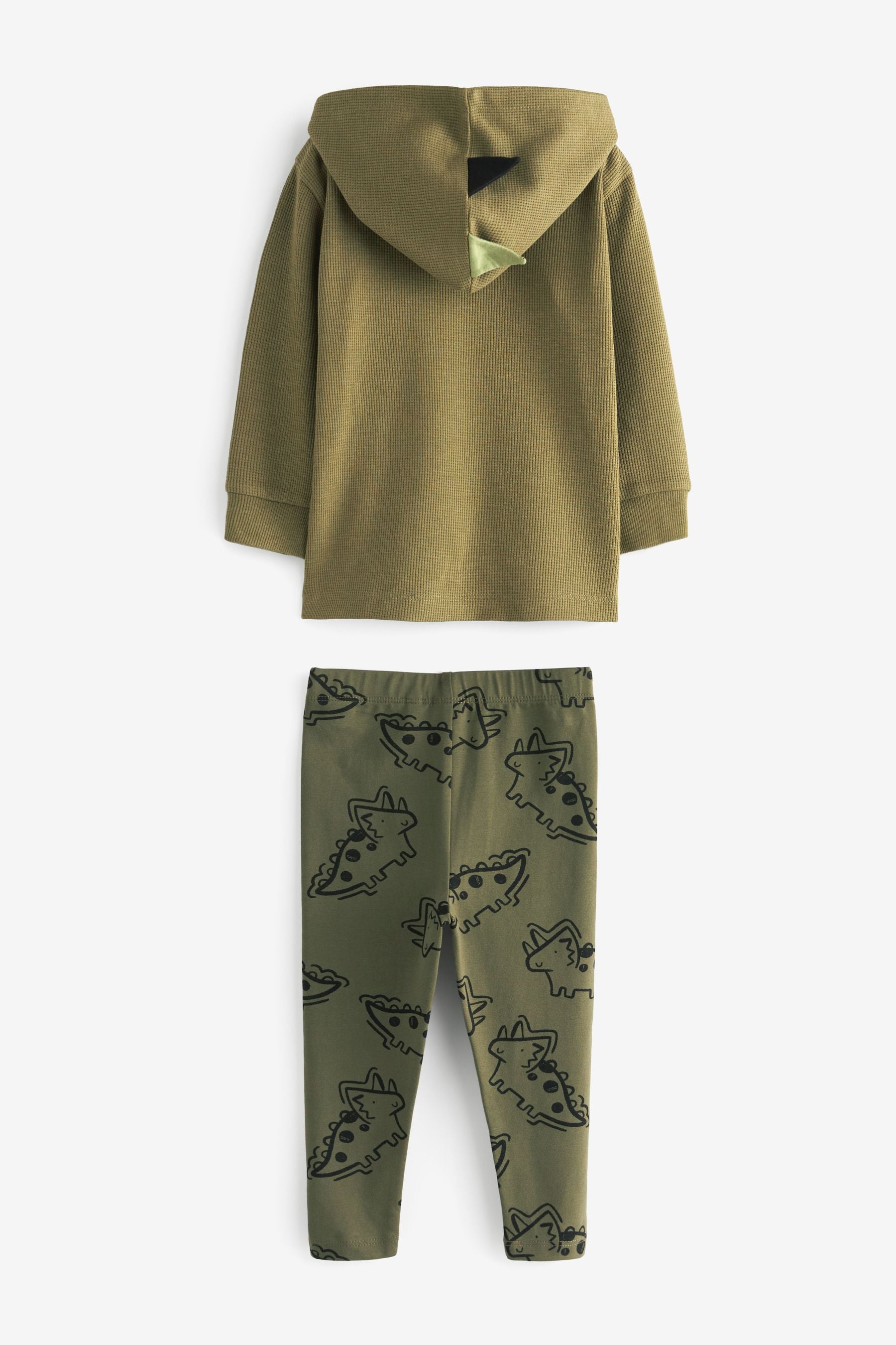 Khaki Green Dino Spikes Textured Hoodie And Leggings Set (3mths-7yrs)