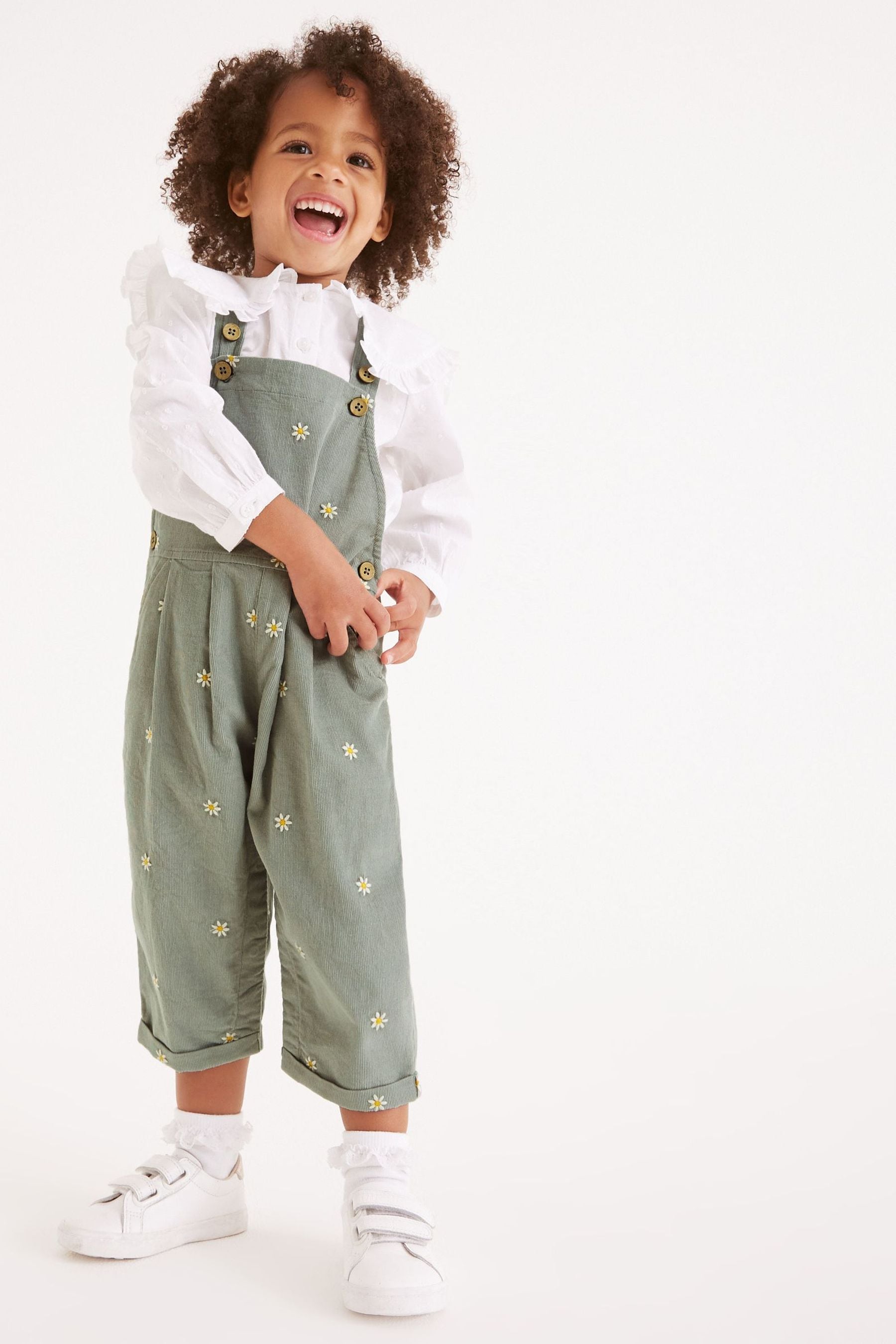 Mint Green Embroidered Cord Dungarees And Blouse Set (3mths-7yrs)