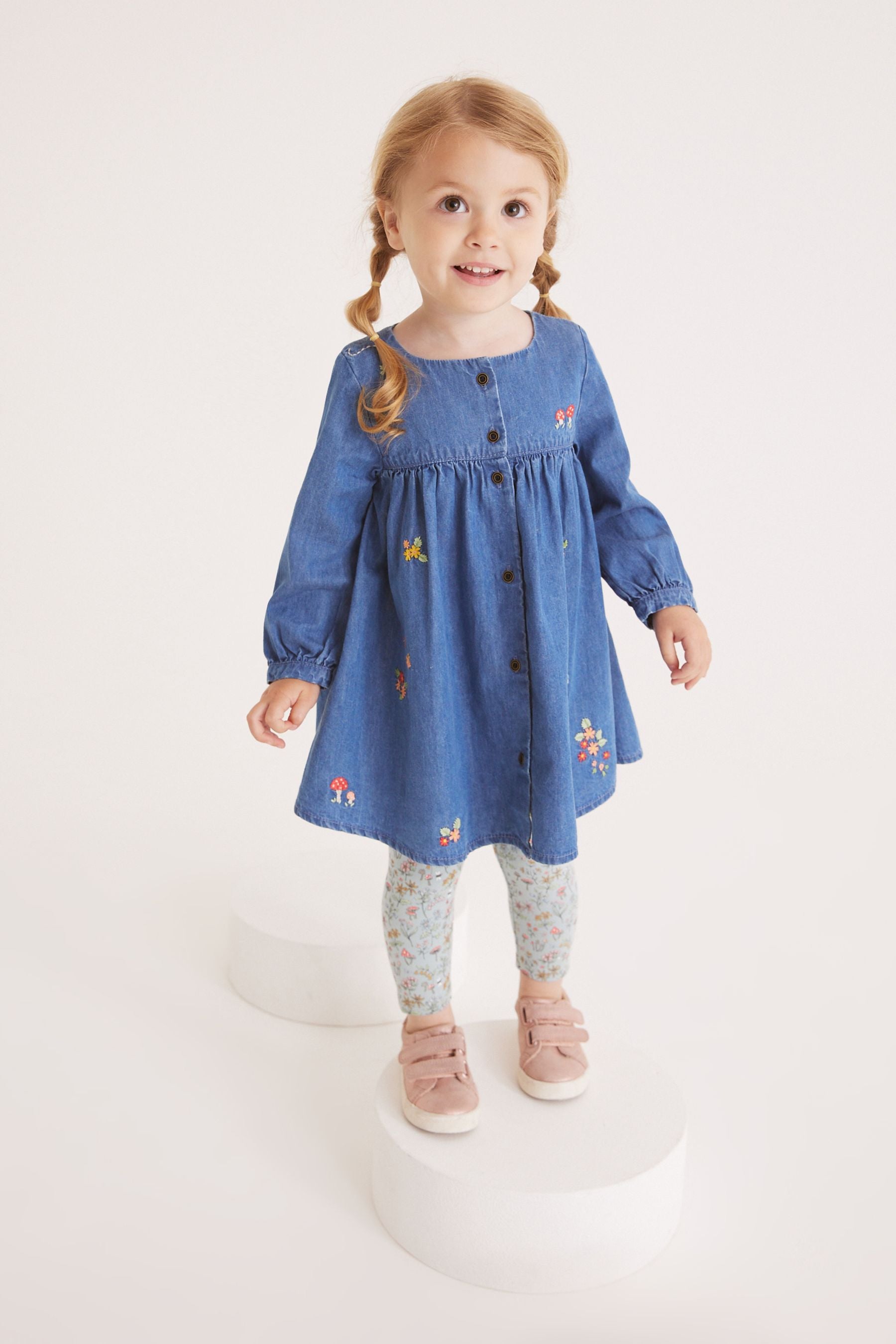 Blue Denim Embroidered Dress And Leggings Set (3mths-7yrs)