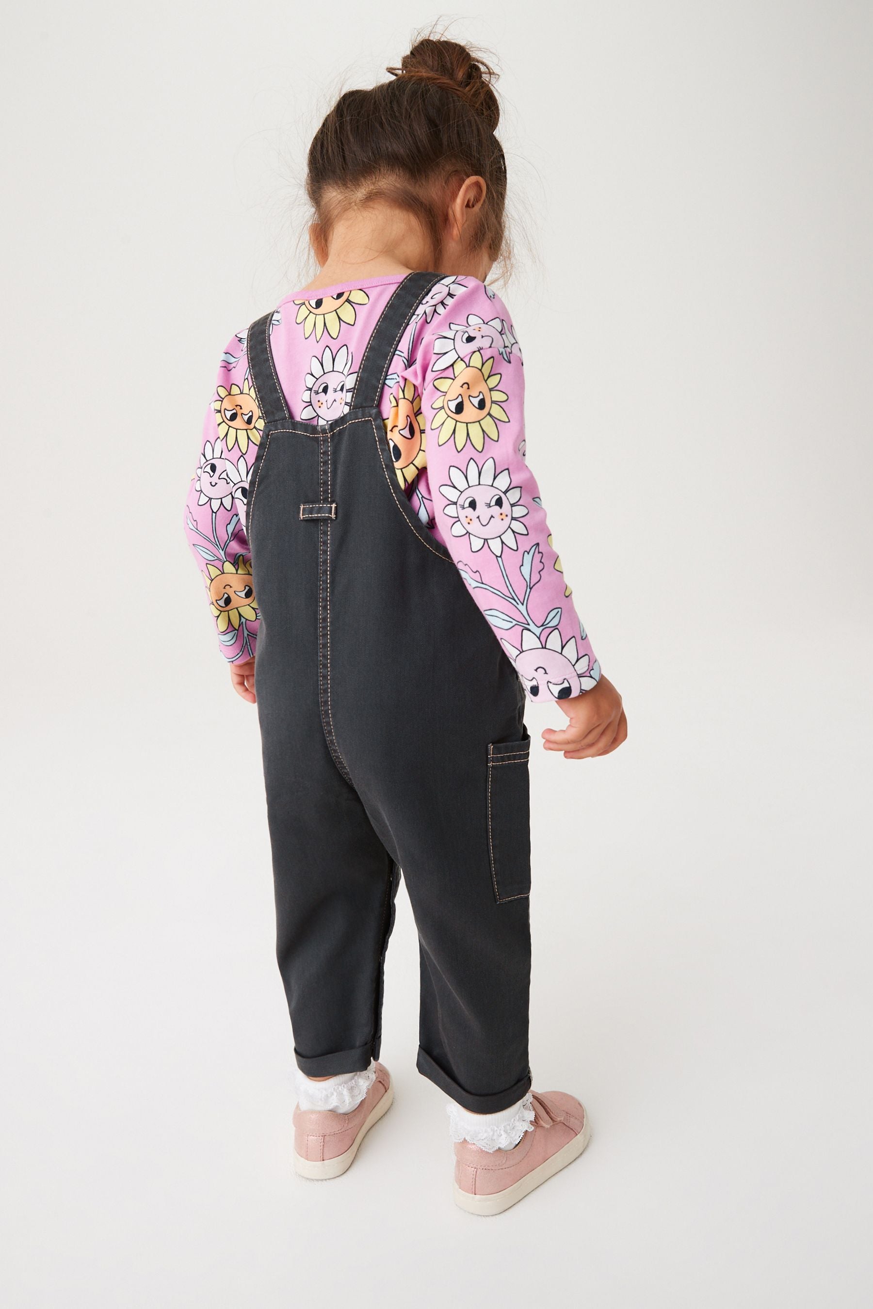 Charcoal Grey Flower Dungarees And T-Shirt Set (3mths-8yrs)