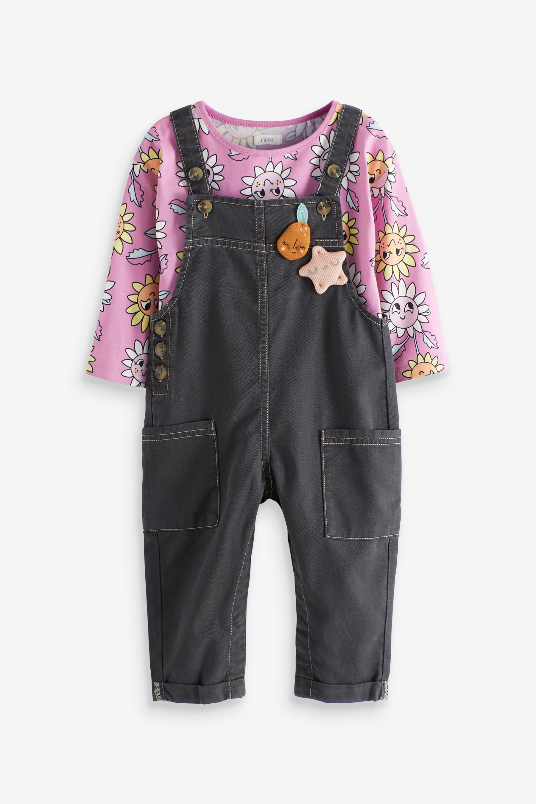 Charcoal Grey Flower Dungarees And T-Shirt Set (3mths-8yrs)