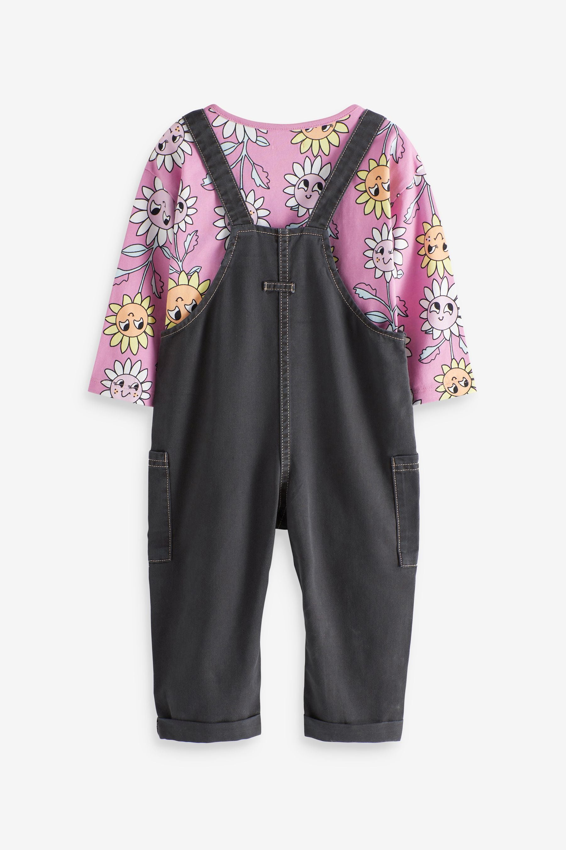 Charcoal Grey Flower Dungarees And T-Shirt Set (3mths-8yrs)