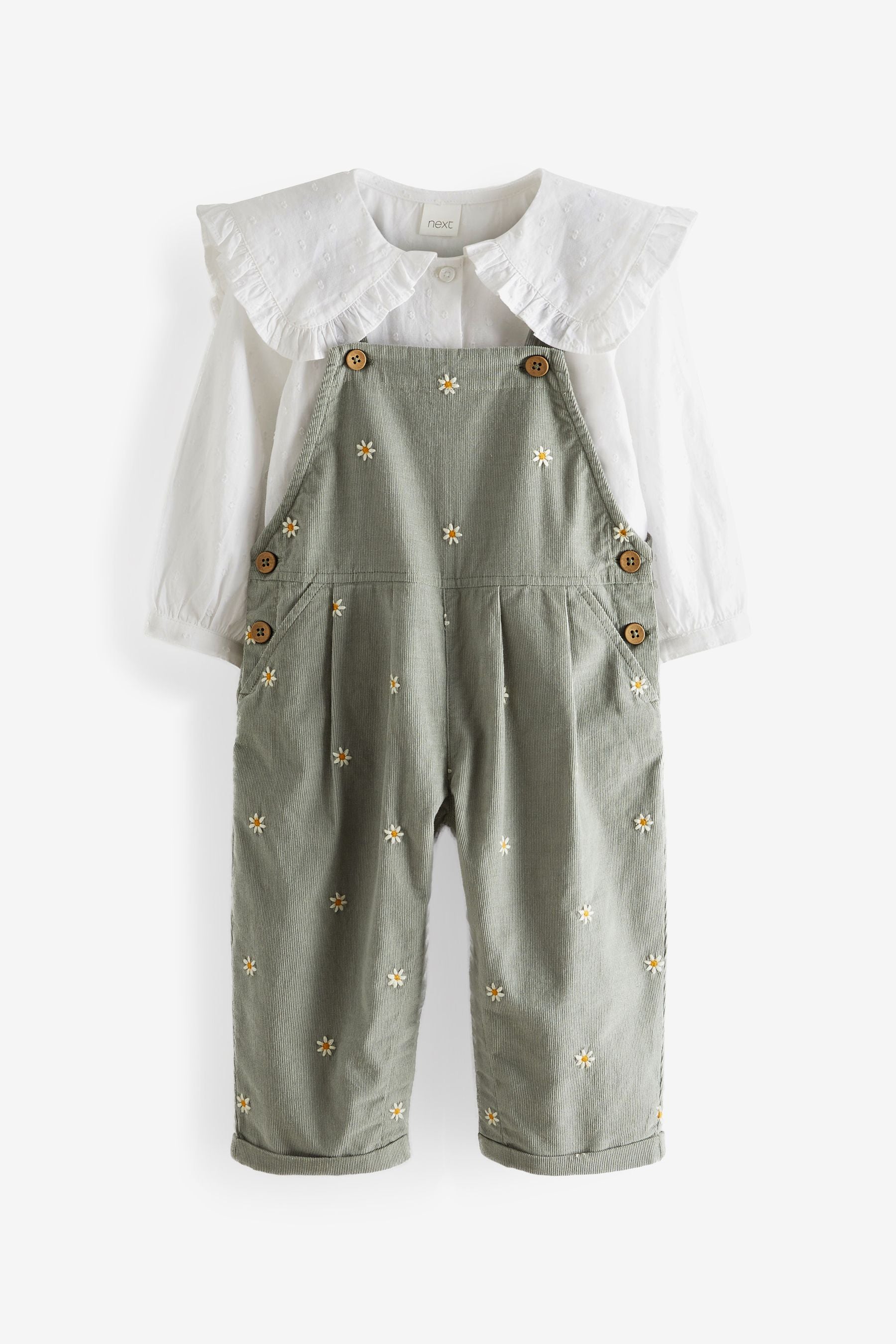 Mint Green Embroidered Cord Dungarees And Blouse Set (3mths-7yrs)