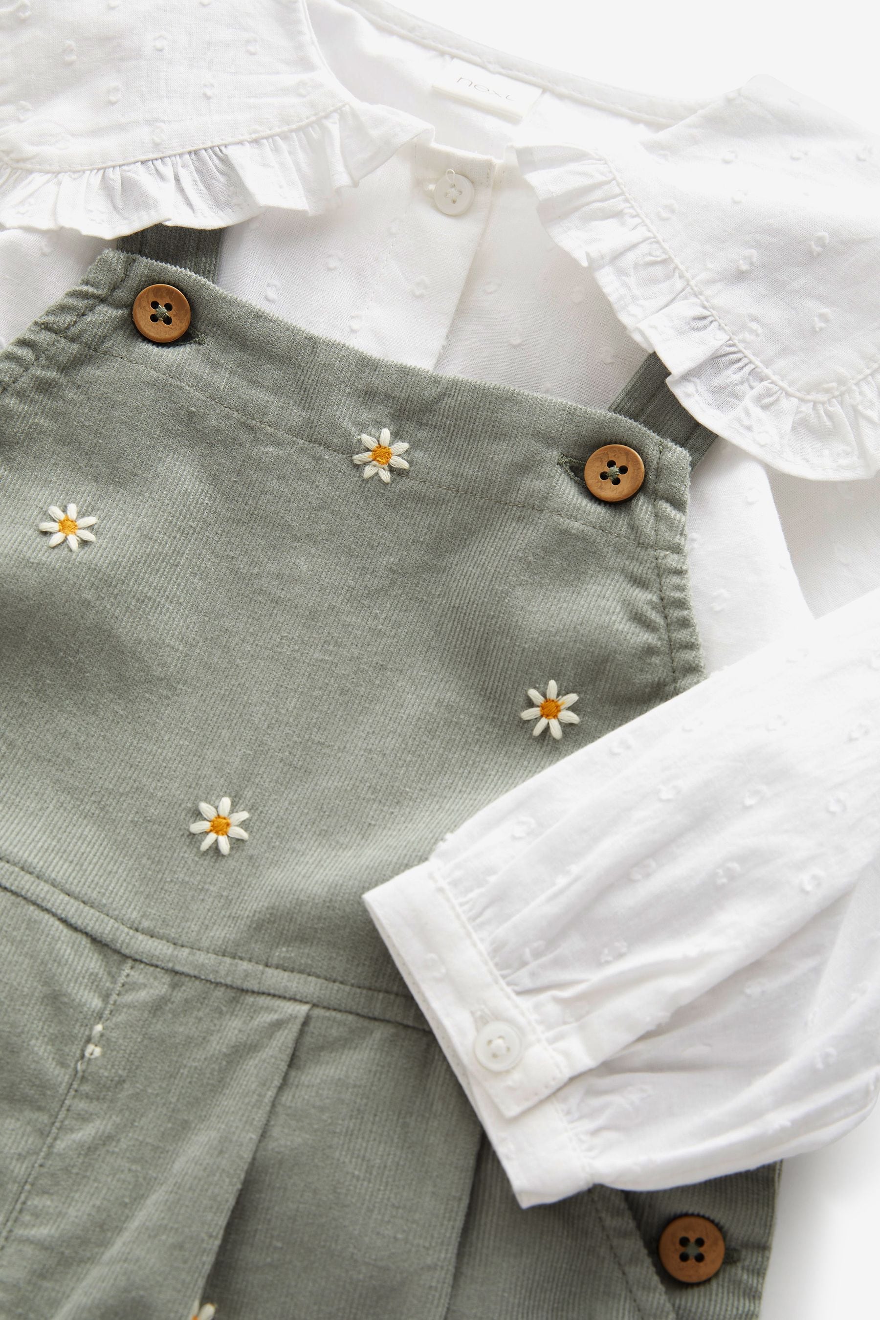 Mint Green Embroidered Cord Dungarees And Blouse Set (3mths-7yrs)