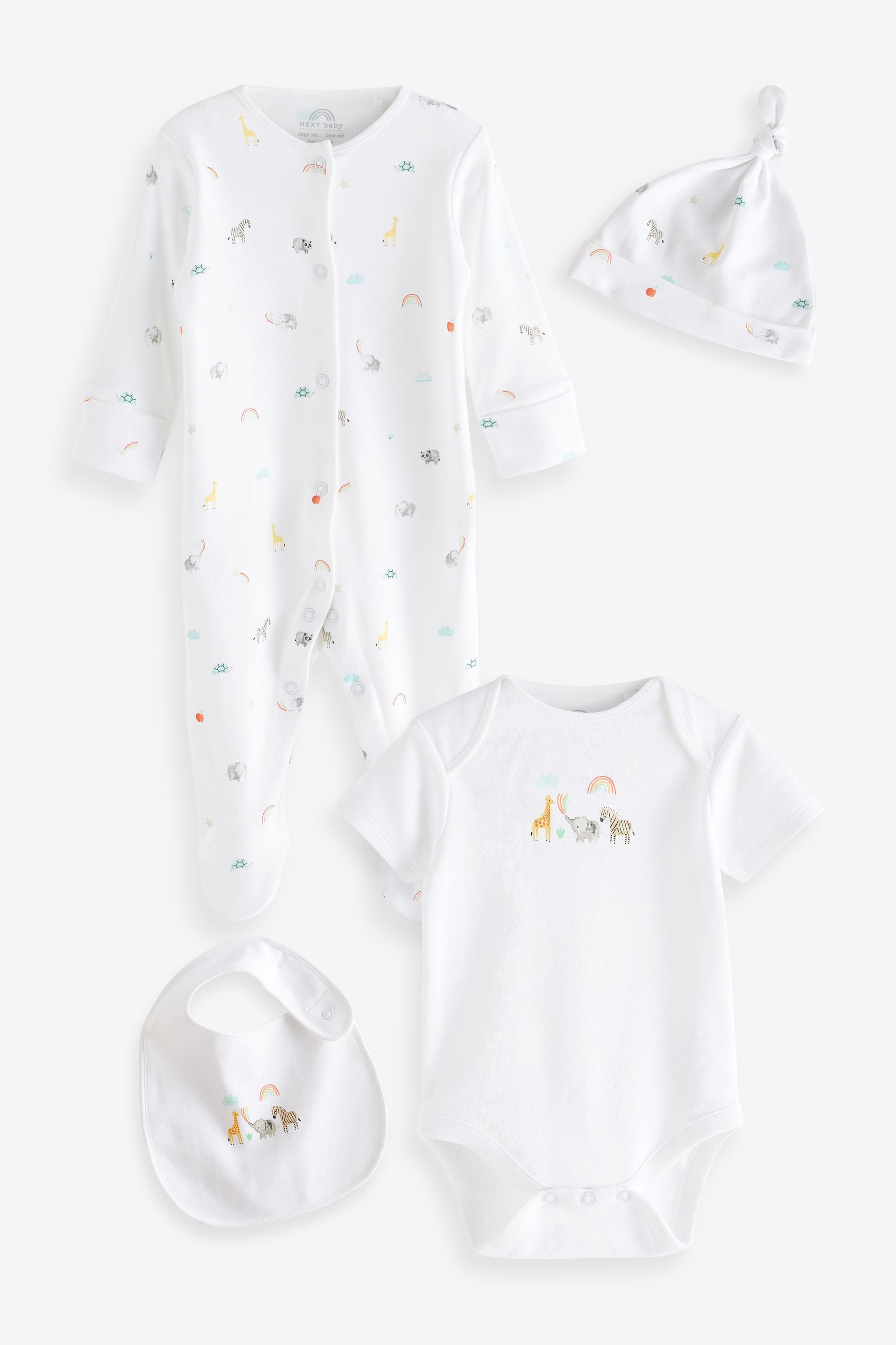 White Bright Character 4 Piece Baby Sleepsuit Bodysuit Hat And Bib Set (0-9mths)