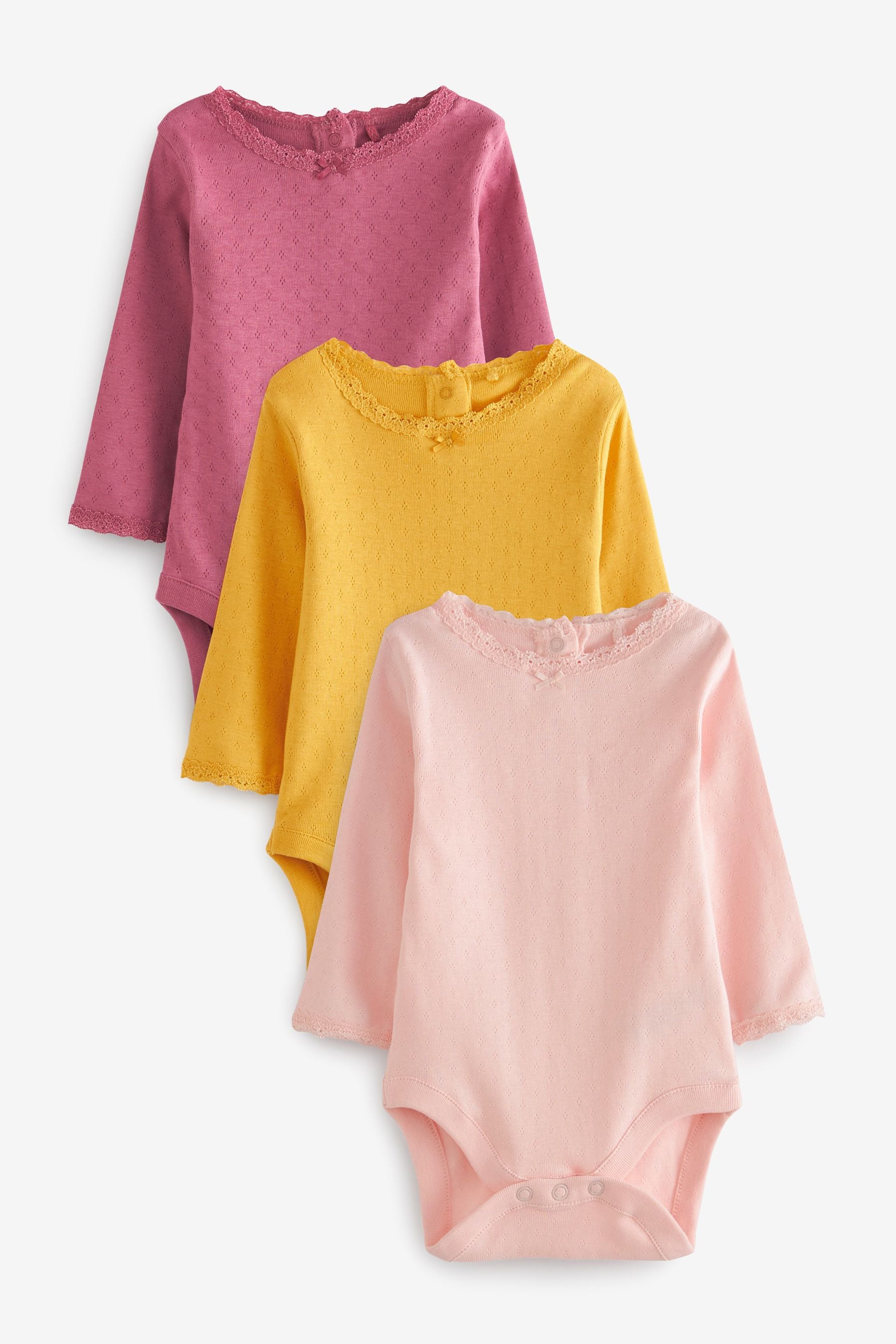 Raspberry Pink/Ochre Yellow Pointelle 3 Pack Baby Long Sleeve Bodysuits