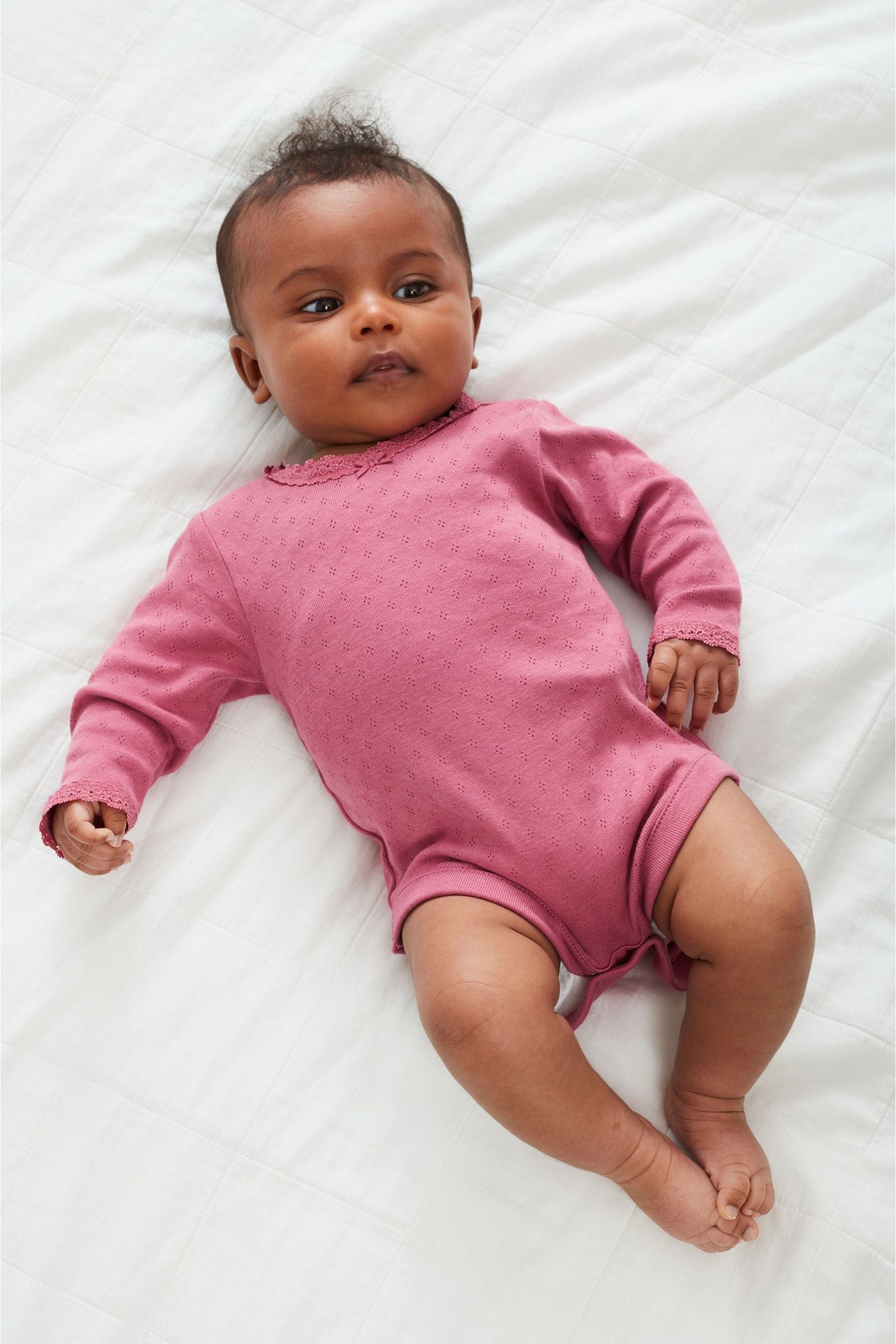 Raspberry Pink/Ochre Yellow Pointelle 3 Pack Baby Long Sleeve Bodysuits