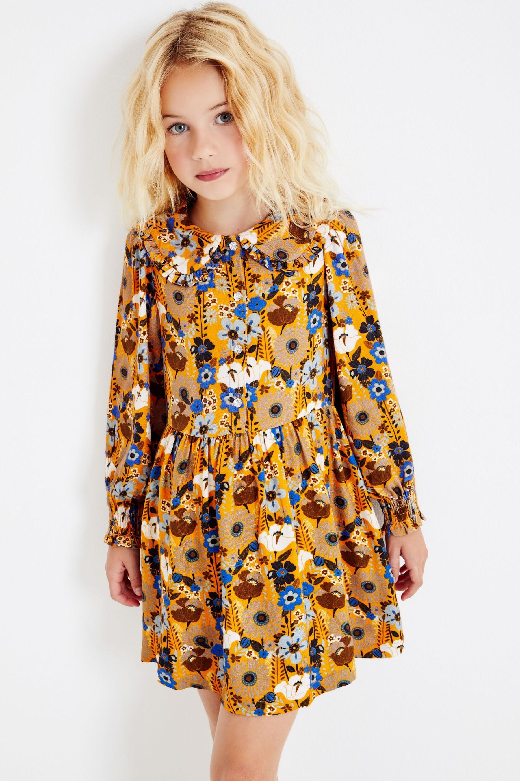 Orange Floral Printed Collar Dress (3-16yrs)