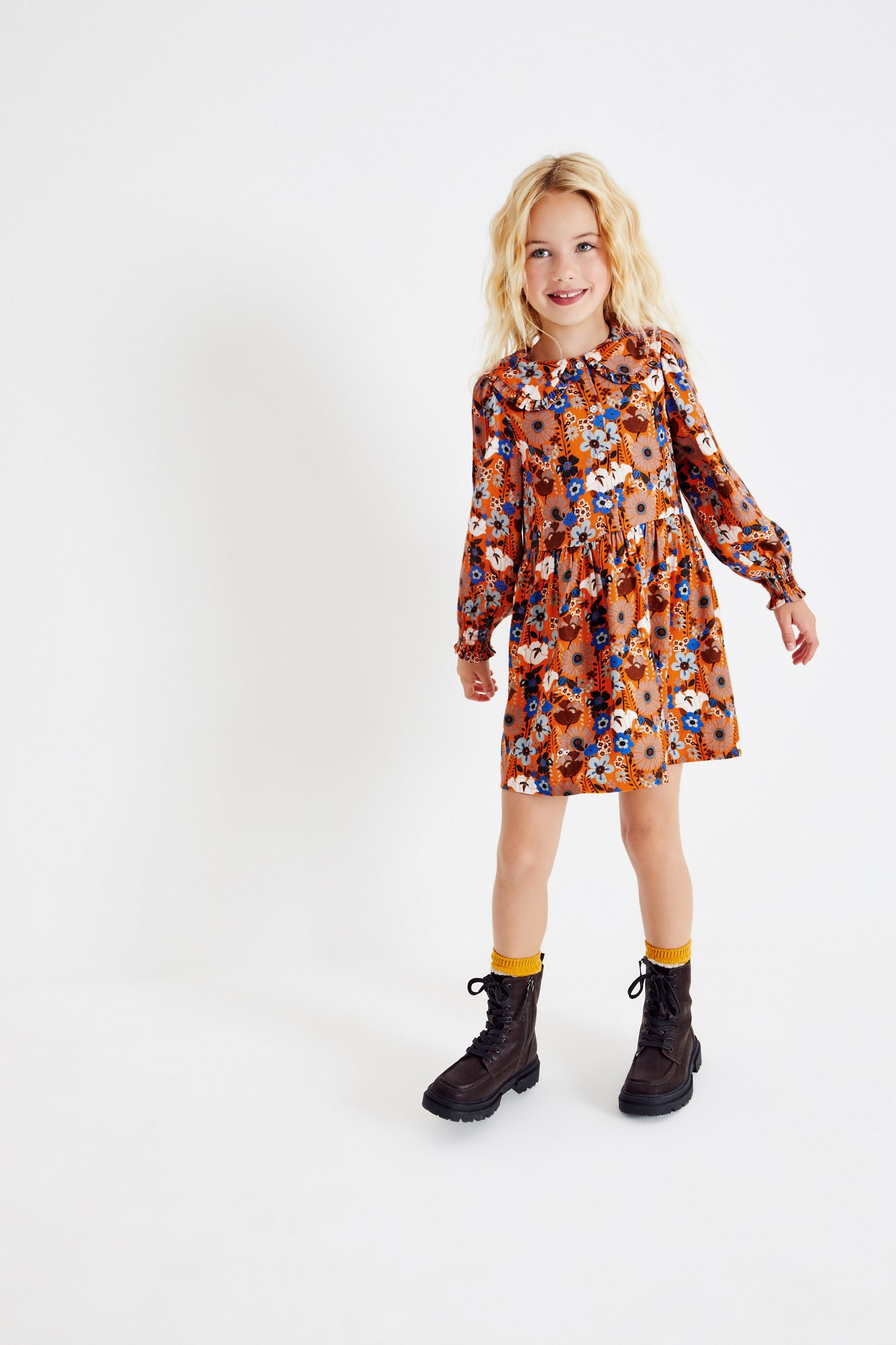 Orange Floral Printed Collar Dress (3-16yrs)