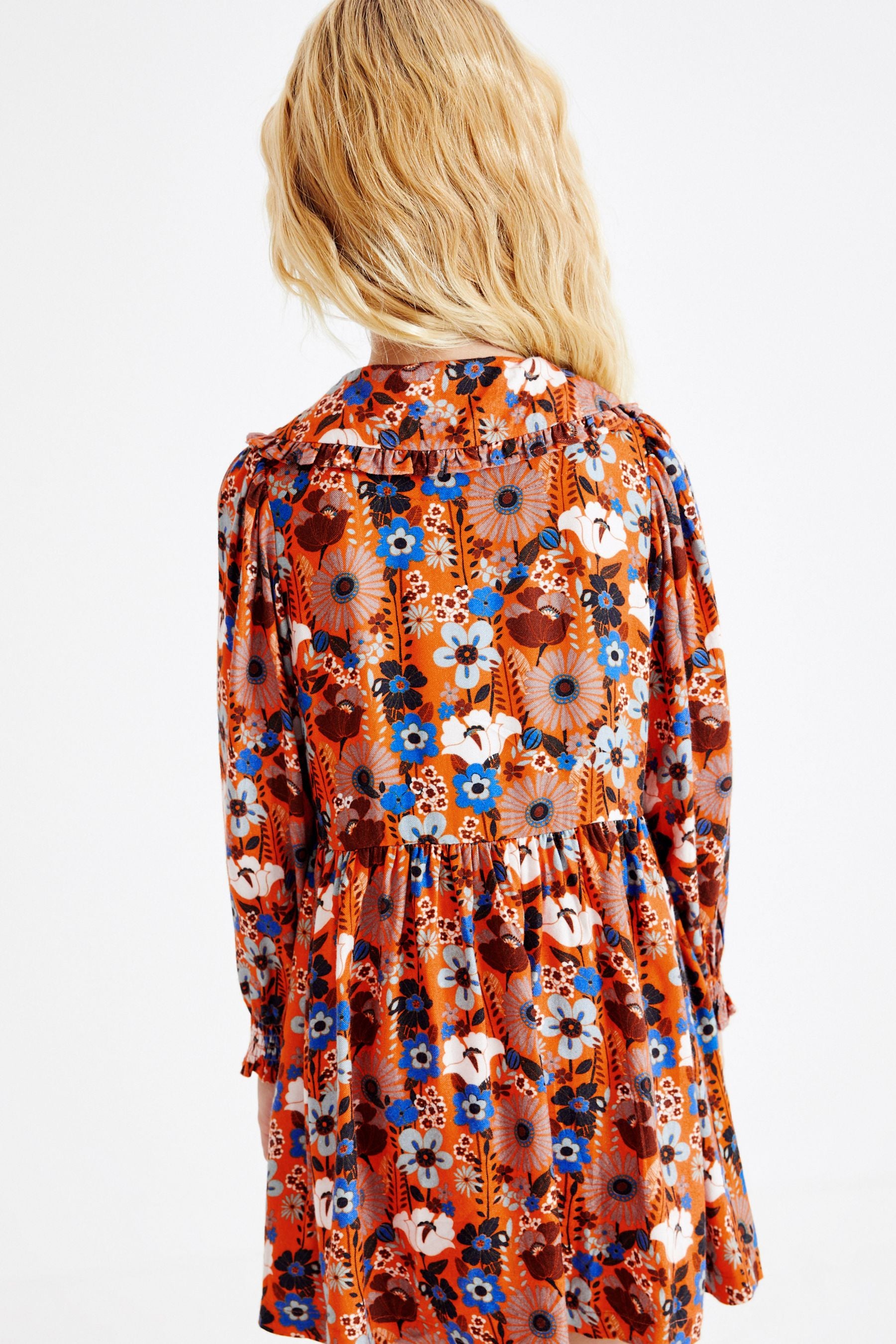 Orange Floral Printed Collar Dress (3-16yrs)