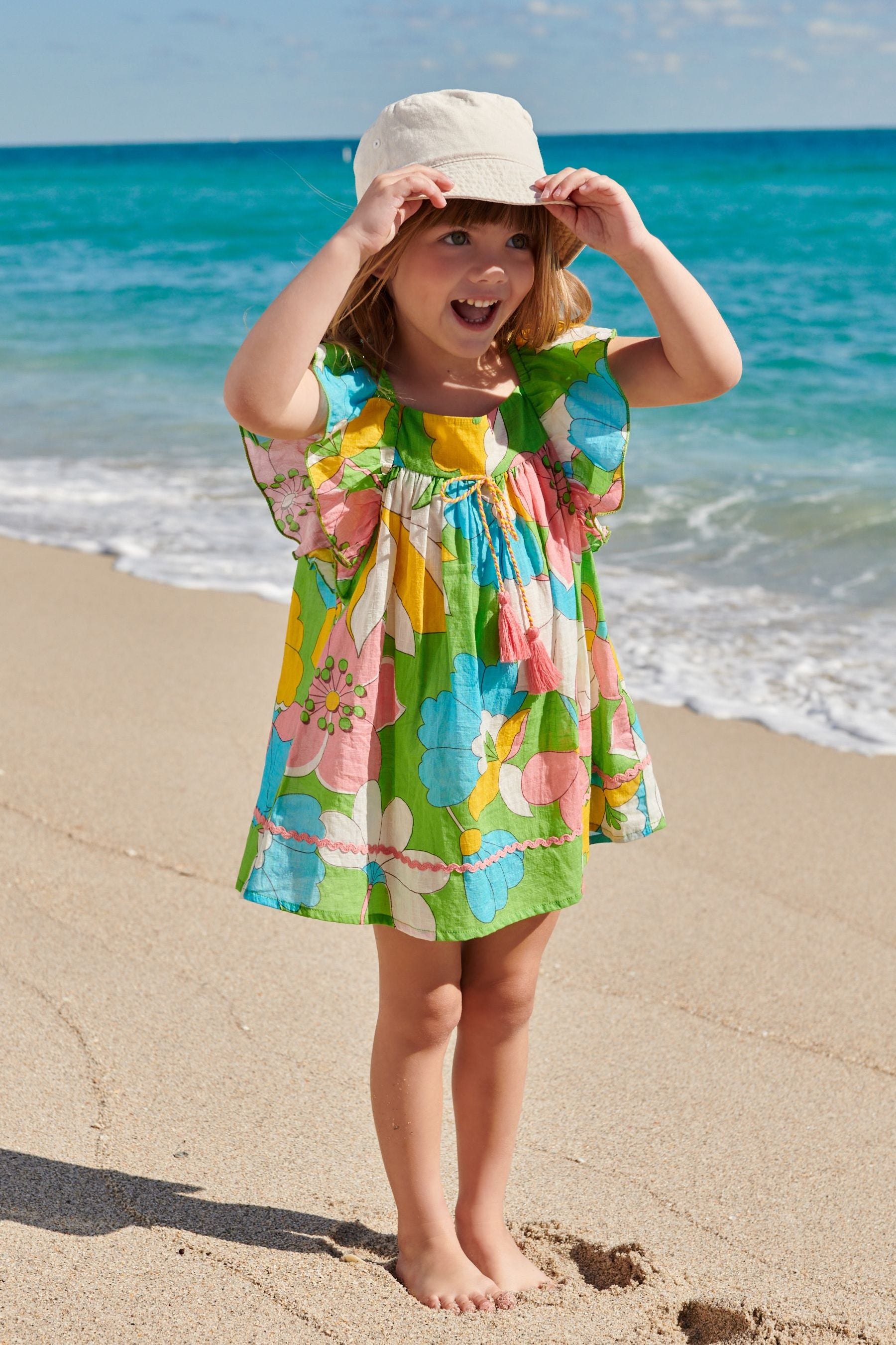 Green Retro Print Frill Sleeve Dress (3mths-8yrs)