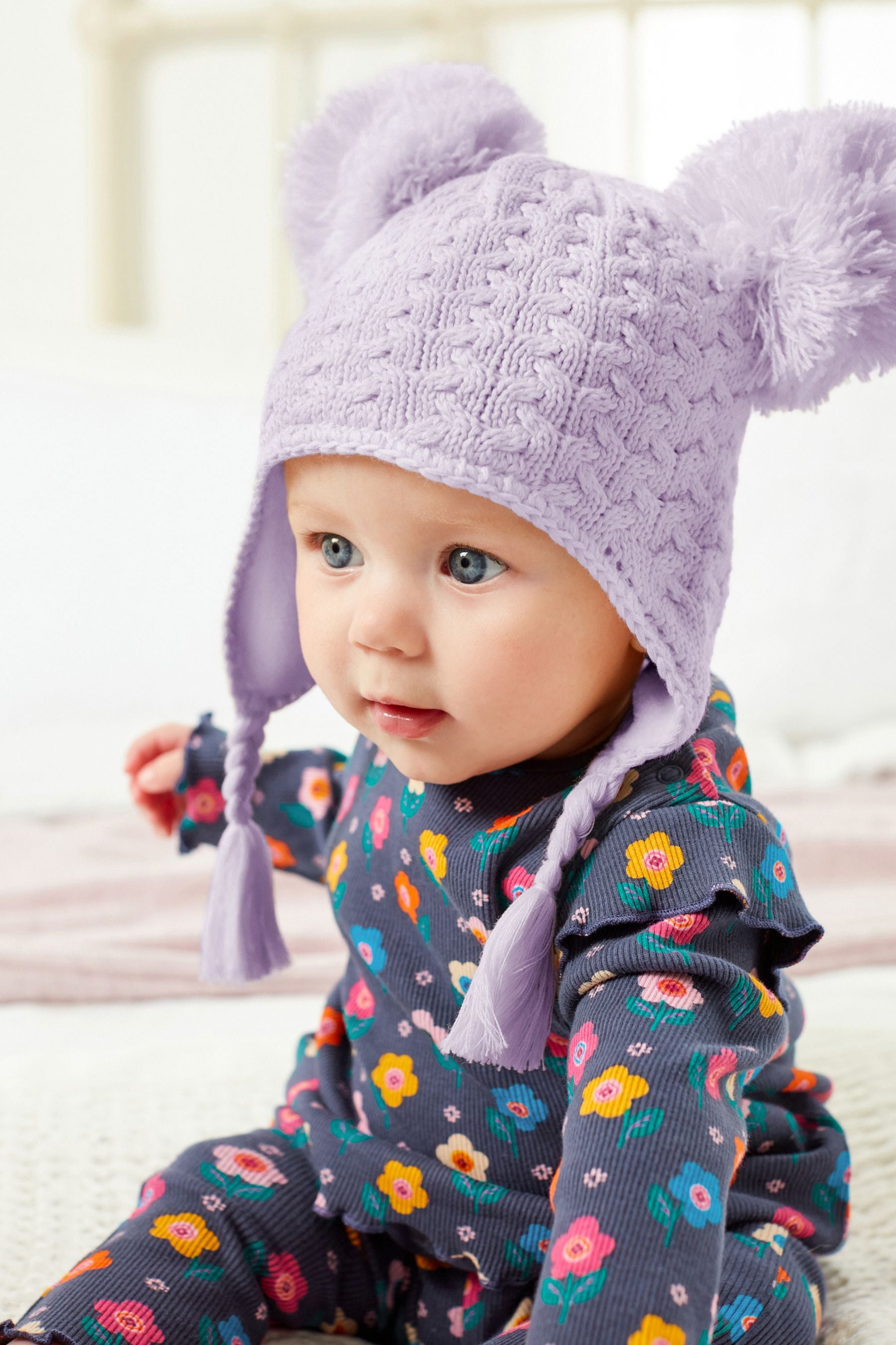 Lilac Purple Double Pom Baby Trapper Hat (0mths-2yrs)