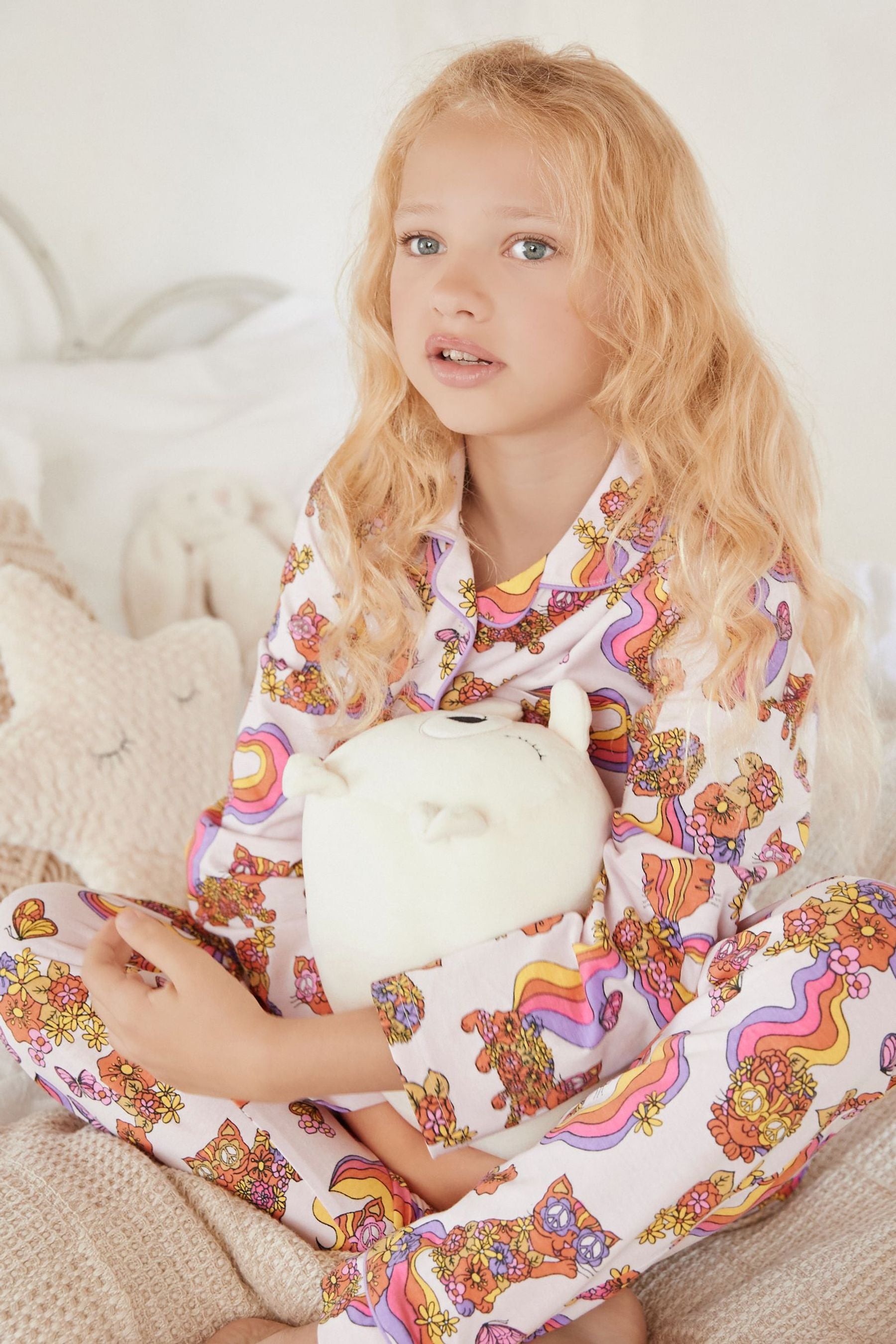 Multi Bright Retro Cat Button Through Jersey Pyjamas (3-16yrs)