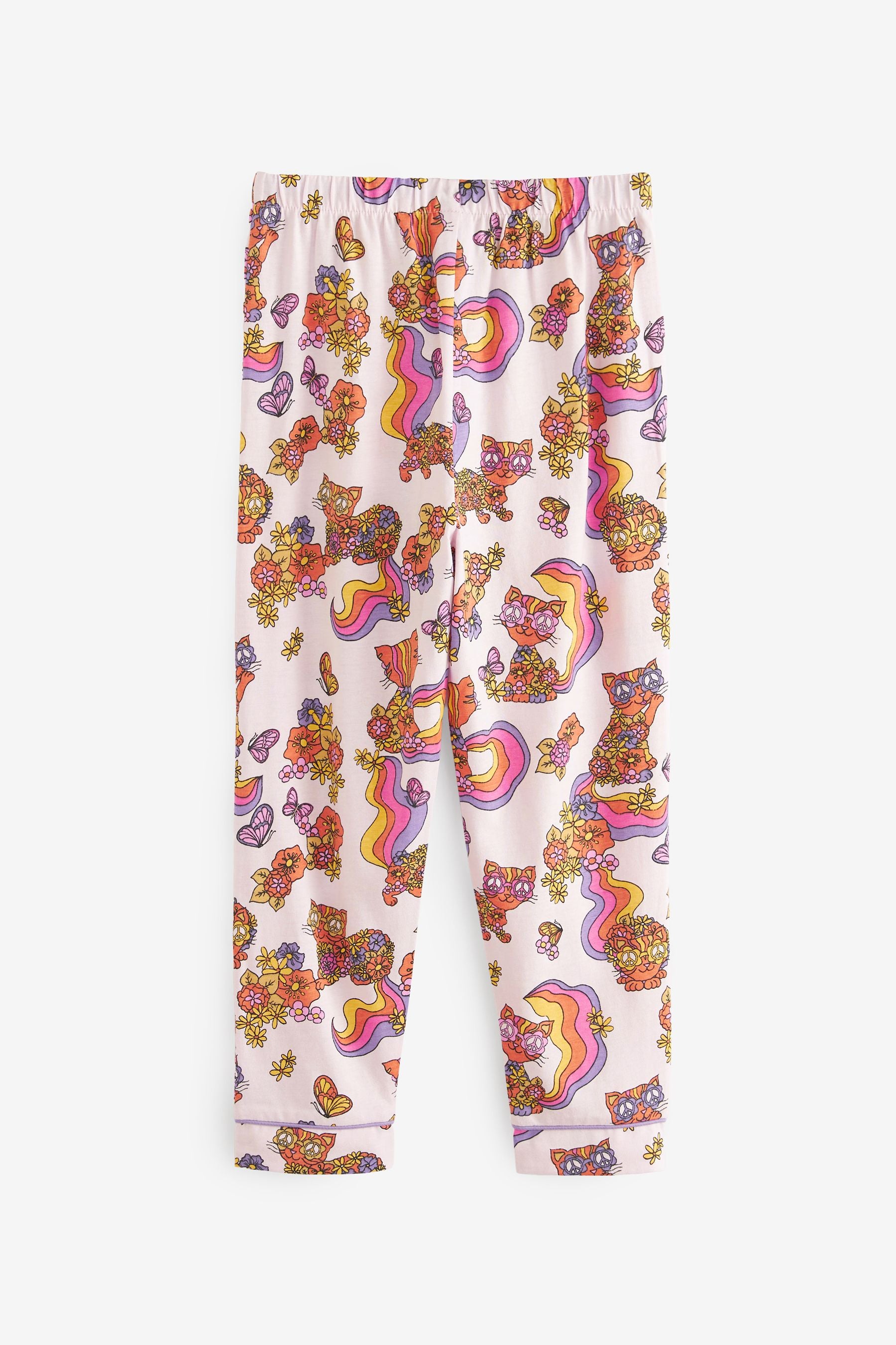 Multi Bright Retro Cat Button Through Jersey Pyjamas (3-16yrs)