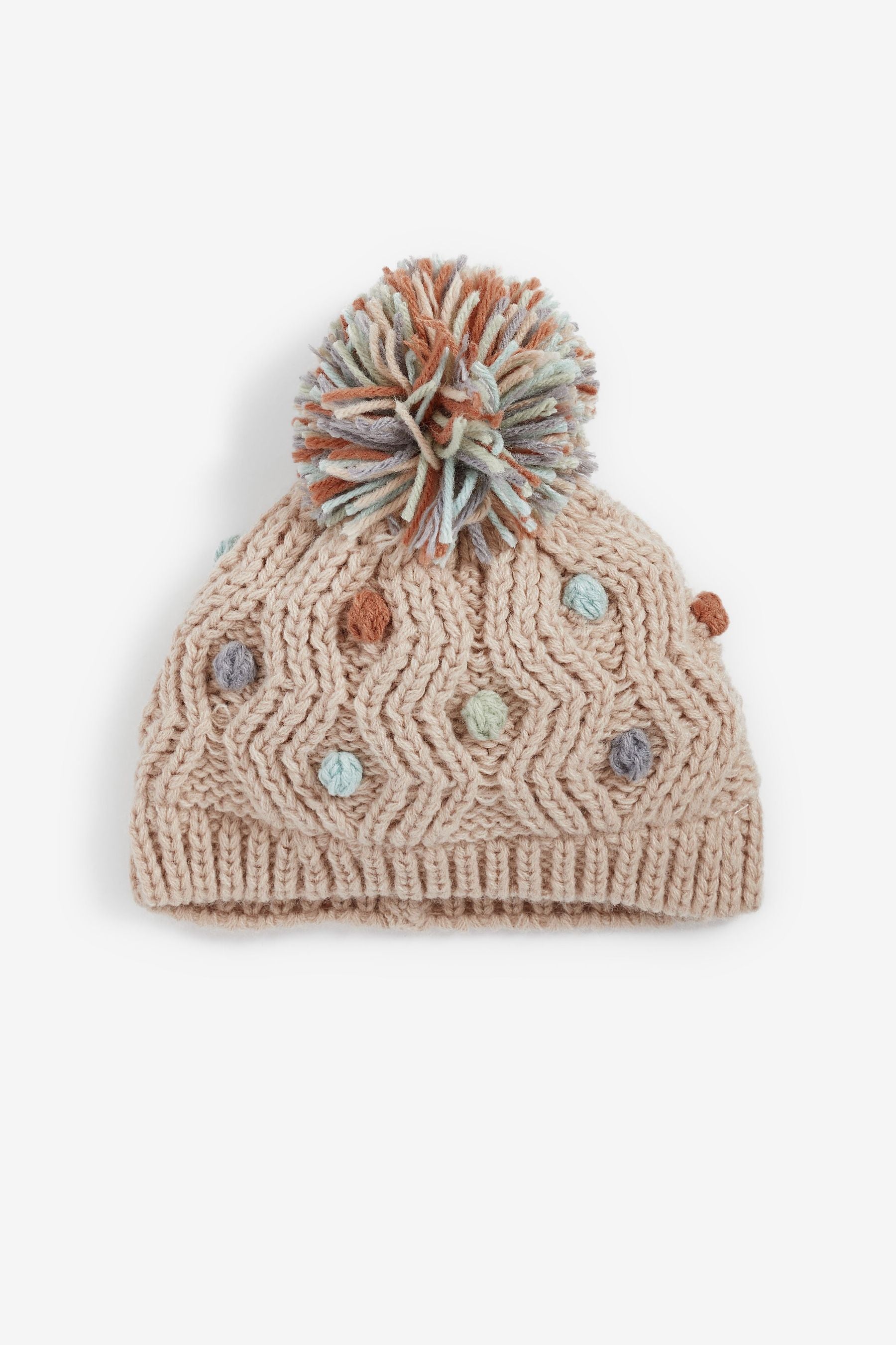 Cream/Rust Brown Knitted Baby Pom Hat (0mths-2yrs)