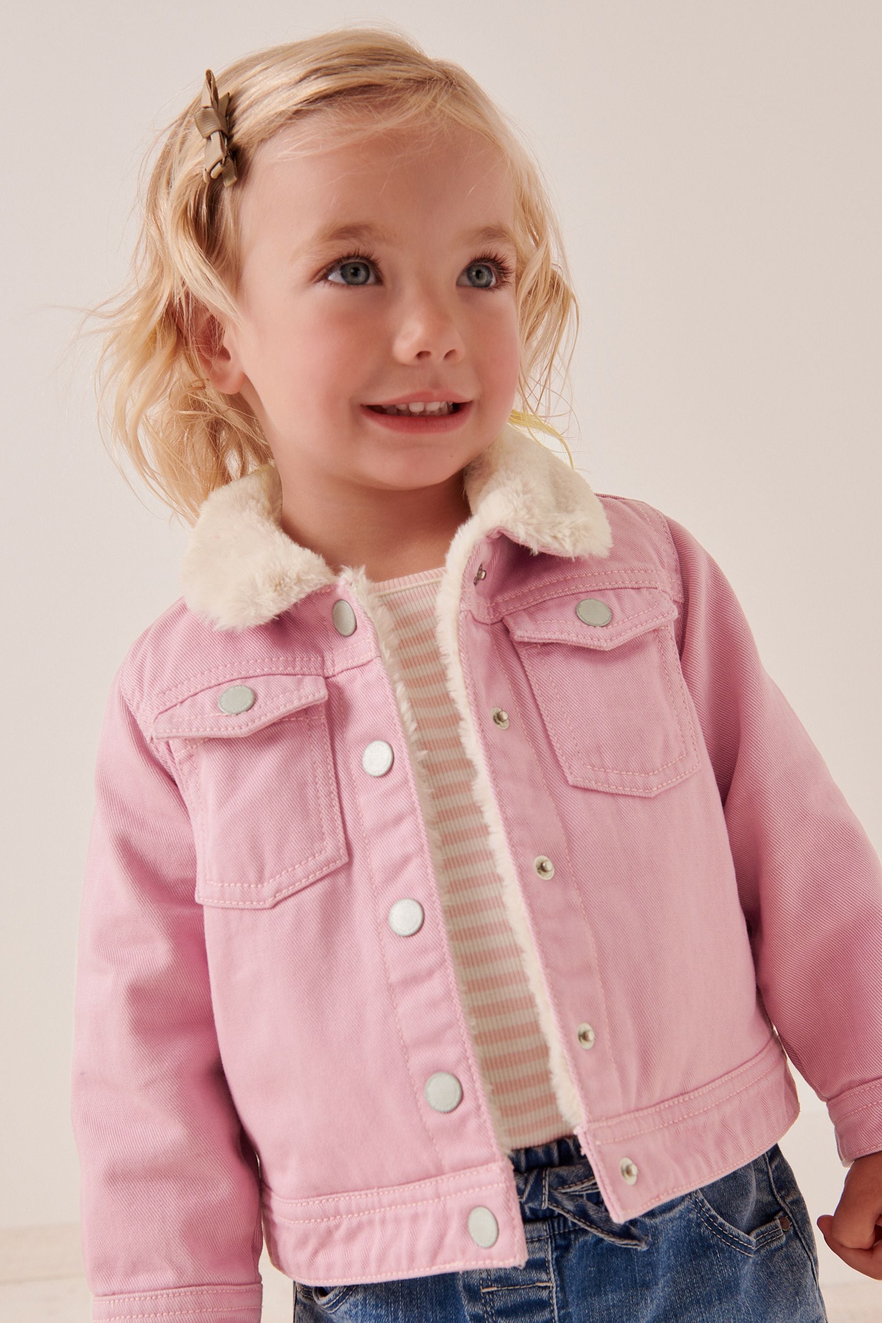 Pink Faux Fur Collar Lined Denim Jacket (12mths-7yrs)